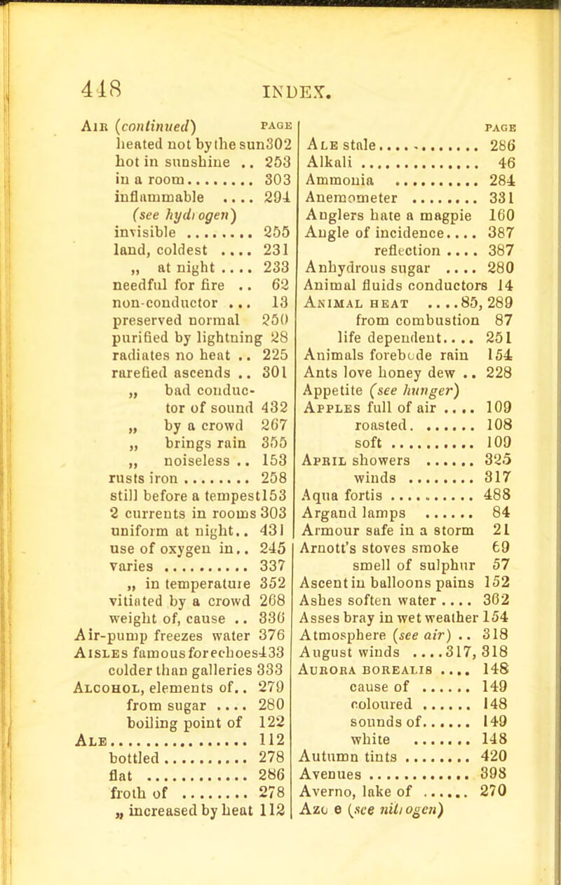 418 Am {continued) page lieated not by (he sun302 hot in sunshine .. 253 in a room 303 infliimmable .... 294 (see hydiogen) invisible 255 land, coldest .... 231 „ at night .... 233 needful for fire .. 63 non-conductor ... 13 preserved normal 250 purified by lightning 28 radiates no heat .. 225 rarefied ascends .. 301 „ bad conduc- tor of sound 432 „ by a crowd 267 „ brings rain 355 „ noiseless .. 153 rusts iron 258 still before a tenipestl53 2 currents in rooms 303 uniform at night.. 431 use of oxygen in,. 245 varies 337 „ in temperatuie 352 vitinted by a crowd 268 weight of, cause .. 336 Air-pump freezes water 376 Aisles famousforechoes433 colder than galleries 333 Alcohol, elements of.. 279 from sugar .... 280 boiling point of 122 Ale 112 bottled 278 flat 286 froth of 278 „ increased by heat 112 PAGE Ale stale 286 Alkali 46 Ammonia 284 Anemometer 331 Anglers hate a magpie 160 Angle of incidence.... 387 reflection .... 387 Anhydrous sugar .... 280 Animal fluids conductors 14 Animal HEAT ....85,289 from combustion 87 life dependent.... 251 Animals forebcde rain 154= Ants love honey dew .. 228 Appetite (see hunger) Apples full of air .... 109 roasted 108 soft 109 April showers 32.5 winds 317 Aqua fortis 488 Argand lamps 84 Armour safe in a storm 21 Arnott's stoves smoke 69 smell of sulphur 57 Ascent in balloons pains 152 Ashes soften water .... 362 Asses bray in wet weather 154 Atmosphere (see air) .. 318 August winds 317, 318 AunORA BOREALIS .... 148 cause of 149 coloured 148 sounds of 149 white 148 Autumn tints 420 Avenues 398 Averno, lake of 270 Az(j e (see niliogcn)