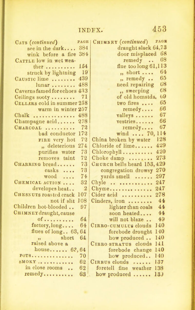PAGE 384 3«4 154 19 439 Cats (continued) see iu the dark.. .. wink before a fire Cattle low ia wet wea- ther struck by lightning Caustic lime lunar 488 Caverns famed for echoes 4.-^3 Ceilings sooty 71 Cellars cold in summer 258 warm in winter 207 Chalk 488 Champagne acid 278 Charcoal 72 bad conductor 172 FIRE very liot 72 „ deleterious 274 purifies water 73 removes taint 72 Chabrikg bread 73 casks .... 73 wood .... 74 Chemical ACTION .... 32 developes heat.. 2 CHESKUTsroastt'd crack 107 not if sht 108 Children hot-blooded .. 97 Chimney draught, cause of 64 factory,long.... 64 flues of long.. 63, 64 „ short 64 raised above a house 6?, 64 POTS 70 SMOKY 62 in close rooms .. 62 I remedy 63; Chimkky (continued) taok draught slack 64,73 door misplaced 68 remedy .. 68 flue too long 61,113 ,, short .... 64 „ remedy .. 65 need repairing 68 ,, sweeping C8 of old homstda. 09 two fires .... 65 remedy.... 66 valleys 67 vestries 66 remedy.... 67 wind .... 70, 114 China broken by water 128 Chloride of lime 429 Chlorophyll 420 Choke damp 273 CuoRCH bells heard 153,429 congregation drowsy 270 yards smell 297 Chyle 247 Chyme 247 Cider acid 278 Cinders, iron 44 lighter than coals 44 soon heated.... 44 will not blaze .. 49 CiRBO-cuMULi's clouds 140 forebode drought 140 how produced .. 140 CiRRO STRATUS clouds 141 forebode change 140 how produced.. 140 Cirrus clouds ,■ 137 foretell fine weather 138 bow produced 13J