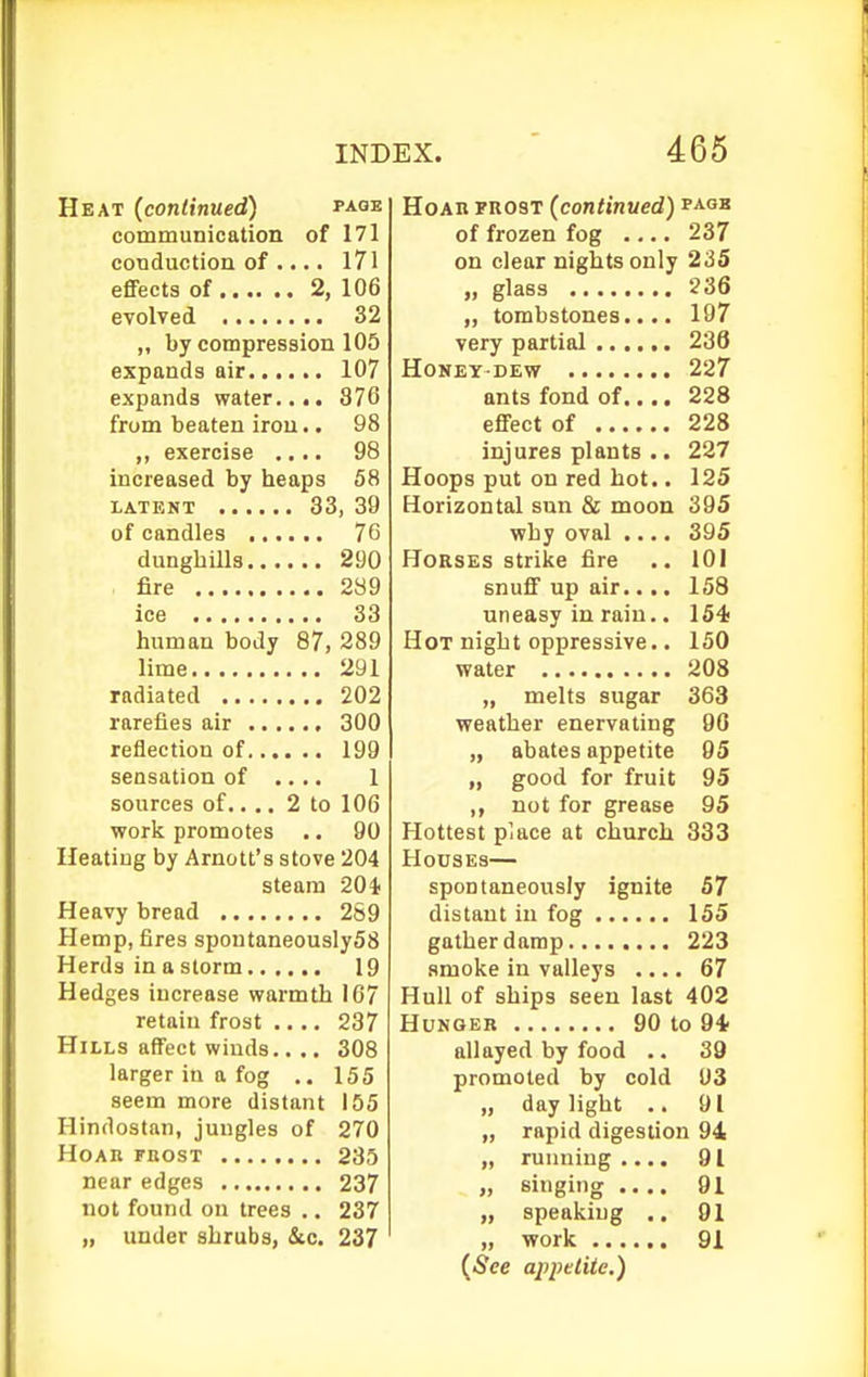 Heat (continued) taqe communication of 171 conduction of .... l7l eflFects of 2, 106 evolved 32 „ by compression 105 expands air 107 expands water.... 876 from beaten iron.. 98 ,, exercise .... 98 increased by heaps 58 LATENT 33, 39 of candles 7G dunghills 290 fire 289 ice 33 human body 87, 289 lime 291 radiated 202 rarefies air 300 reflection of 199 sensation of .... 1 sources of.... 2 to 106 work promotes .. 90 Heating by Arnott's stove 204 steam 204 Heavy bread 2S9 Hemp, fires spontaneouslySS Herds in a storm 19 Hedges increase warmth 167 retain frost 237 Hills affect winds.. .. 308 larger in a fog 155 seem more distant 155 Hindostan, jungles of 270 Hoar fbost 235 near edges 237 not found on trees .. 237 „ under shrubs, &c. 237 HoAn FROST (continued) paob of frozen fog .... 237 on clear nights only 235 glass 236 „ tombstones.... 197 very partial 236 HONEYDEW 227 ants fond of.... 228 effect of 228 injures plants .. 227 Hoops put on red hot.. 125 Horizontal sun & moon 395 why oval .... 395 Horses strike fire .. 101 snuff up air.... 158 uneasy in rain.. 154 Hot night oppressive. • 150 water 208 „ melts sugar 363 weather enervating 90 „ abates appetite 95 „ good for fruit 95 not for grease 95 Hottest piace at church 333 Houses— spontaneously ignite 57 distant in fog 155 gather damp 223 smoke in valleys .... 67 Hull of ships seen last 402 Hunger 90 to 94 allayed by food .. 39 promoted by cold 03 „ daylight .. 91 „ rapid digestion 94 „ running .... 91 „ singing 91 „ speaking .. 91 „ work 91 (See appetite.)