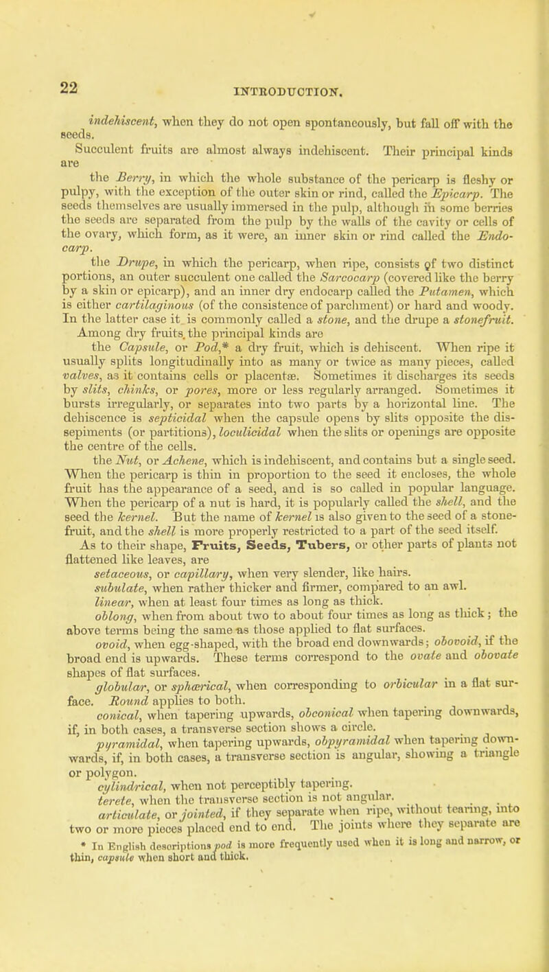indehiscent, when tliey do not open spontaneously, but fall off with the seeds. Succulent fruits are almost always indehiscent. Their principal kinds are the Berry, in which the whole substance of the pericarp is fleshy or pulpy, with the exception of the outer skin or rind, called the Epicarp. Tlie seeds themselves are usually immersed in the pulp, altliough in some berries the seeds are separated from the pulp by the walls of the cavity or cells of the ovary, which form, as it were, an inner skin or rind called the Endo- carp. the Drwpe, in which the pericarp, when ripe, consists gf two distinct portions, an outer succulent one called the Sarcoearp (covered like the berry by a skin or epicarp), and an inner dry endoearp called the Putamen, which is eitlier cartilaginous (of the consistence of parcliment) or hard and woody. In the latter case it is commonly called a stone, and the di'upe a stonefniit. Among dry fruits, the pi'incipal kinds are the Capsule, or Pod,* a dry fruit, which is dehiscent. When ripe it usually splits longitudinally into as many or twice as many pieces, called valves, as it contains cells or placentae. Sometimes it discharges its seeds by slits, chinks, or pores, more or less regularly arranged. Sometimes it bursts irregularly, or separates into two parts by a horizontal line. The dehiscence is septicidal when the capsule opens by slits opposite the dis- sepiments (or partitions), loculicidal when thesUts or openings are opposite the centre of the cells. the Ntd, or Achene, which is indehiscent, and contains but a single seed. When the pericarp is thin in proportion to the seed it encloses, the whole fruit has the appearance of a seed, and is so called in popular language. When the pericarp of a nut is hard, it is popularly called the sliell, and the seed the kernel. But the name of kernel is also given to the seed of a stone- fruit, and the shell is more properly restricted to a part of the seed itself. As to their shape. Fruits, Seeds, Tubers, or other parts of plants not flattened like leaves, are setaceous, or capillary, when very slender, like hairs. subulate, when rather thicker and firmer, compared to an awl. linear, when at least four times as long as thick. ohlong, when from about two to about four times as long as thick; the above terms being the same us those applied to flat surfaces. ovoid, when egg-shaped, with the broad end downwards; ohovoid, if the broad end is upwards. These terms correspond to the ovate and obovate shapes of flat sm-faces. globular, or sphoerical, when corresponding to orbicular in a flat sur- face. Round applies to both. conical, when tapering upwards, obconical when tapering downwards, if, in both eases, a transverse section shows a circle. pyramidal, when tapering upwards, obpyramidal when tapering down- wards, if, in both cases, a transverse section is angular, showing a triangle or polygon. cylindrical, when not perceptibly tapering. terete, when the transverse section is not angular. ... articulate, or joirited, if they separate when ripe, without tearing, mto two or more pieces placed end to end. The joints where tliey separate are • In English desoriptions pod is more frequendy used when it is long aad narrow, or thin, capsule wlien short and thick.