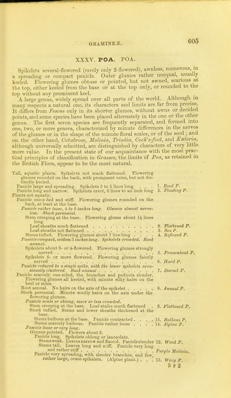 XXXV. POA. POA. Spikelets several-flowered (rarely only 2-flowered), awnless, numerous in a spreading or compact panicle. Outer glumes rather unequal, usually keeled. Flowering glumes obtuse or pointed, but not awned, scarious at the top, either keeled fi-om tlie base or at the top only, or rounded to the top without any prominent keel. . A large genus, widely spread over aU parts of the world. Although in many respects a natural one, its characters and hmits are far from precise. It differs fi-om Fesciie only in its shorter glumes, without awns or decided points, and some species have been placed alternately in the one or the other genus. The first seven species are frequently separated, and formed into one, two, or more genera, characterized by minute differences in the nerves of the glumes or in the shape of the minute floral scales, or of the seed ; and on the other hand, Catahrose, Molinia, Triodia, Code's-foot, and Emleria, although universally admitted, are distinguished by characters of vei^ little more value. In the present state of our acquaintance with the most prac- tical principles of classification in Grasses, the limits of Poa, as retained in the British Flora, appear to be the most natural. Tall, aquatic plants. Spikelets not much flattened. Flowering g:lume3 roanded on the back, with prominent veins, hut not dis- tinctly keeled. Panicle large and spreading. Spikelets 3 to 5 lines long . . . 1. Meed P. Panicle long and narrow. Spikelets erect, 6 lines to an inch long 3. Floating P. Plants not aquatic. Panicle one-s ded and stiiF. Flowering glumes rounded on the back, at least at the base. Panicle rather loose, i to 6 inches long. Glumes almost nerve- less. Stock perennial. Stem creeping at the base. Plowering glume about H lines long. Leaf-sheaths much flattened . . . .' Flattened P, Leaf-sheaths not flattened 3. Sea P. Stems tufted. Flowering glumes about 1 line long .... 4. Rejlexed P. Panicle compact, seldom S inches long. Spikelets crowded. Root annual. Spikelets about 3- or 4-flowered. Flowering glumes strongly nerved , 6. Proeumbeni P, Spikelets 6- or more flowered. Flowering glumes faintly nerved 6. Sard P. Panicle reduced to a single spike, with the lower spikelets occa- sionally clustered. Root annual 7. Darnel P. Panicle scarcely one-sided, the branches and pedicels slender. Flowering glumes all keeled, with minute sUky hairs on the keel or sides. Boot annual. No hairs on the axis of the spikelet 8. Annual F. Stock perennial. Minute woolly hairs on the axis vinder the flowering glumes. Panicle onate or oblong, more or less crowded. Stem creeping at the base. Leaf-stalks much flattened . 9. Flattened P. Stock tufted. Stems and lower sheaths thickened at the base. Stems bulbous at the base. Panicle contracted . . . . 15. Bulbous P, Stems scarcely bulbous. Panicle rather loose .... 14. Alpine P. Panicle loose or very long. Glumes pointed. Flowers about 3. Panicle long. Spikelets oblong or lanceolate. Stemsweak. Leavesnarrow andflaocid. Panioleslender 12. Wood P. Stems tall. Leaves long and siiflT. Panicle very long and rather stiff Purple Molinia. Pamcle very spreading, with slender branches, and few, rather large, ovate spikelets. (Alpine plant.) . . .13. Wavy P. 3 I'2'