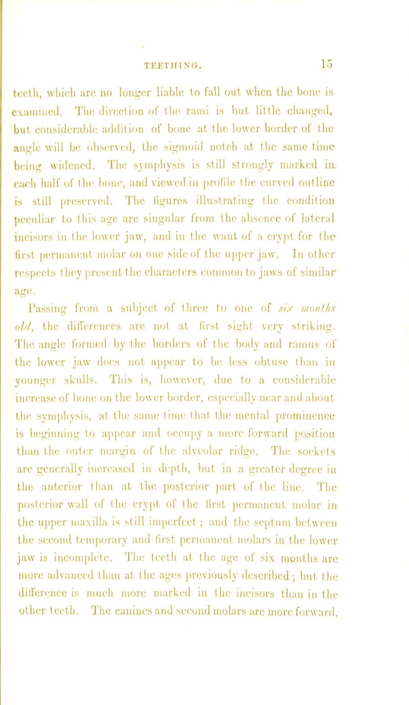 teeth, which are no longer liable to fall out when the bone is examined. The direction of the rami is but little changed, but considerable addition of bone at the lower border of the angle will be observed, the sigmoid notch at the same time being widened. The symphysis is still strongly marked in. each half of the bone, and viewed in profile the curved outline is still preserved. The Ggures illustrating the condition peculiar to this age are singular from the absence of lateral incisors in the lower jaw, and in the want of a crypt for the first permanent molar on one side of the upper jaw. In other respects they present the characters common to jaws of similar age. Passing from a subject of three to one of six months old, the differences are not at first sight very striking. The angle formed by the borders of the body and ramus of the lower jaw docs not appear to be less obtuse than in younger skulls. This is, however, due to a considerable increase of hone on the lower border, especially near and about the symphysis, at the same time that the mental prominence is beginning to appear and occupy a more forward position than the outer margin of the alveolar ridge. The sockets are generally increased in depth, but in a greater degree in the anterior than at the posterior part of the line. The posterior wall of the crypt of the lii'si permanent molar in the upper maxilla is still imperfect ; and the septum between tin; second temporary and first permanent molars in the lower jaw is incomplete. The teeth at the age of six months are more advanced than at the ages previously described ; but the difference is much more marked in the incisors than in the other teeth. The canines and second molars arc more forward,