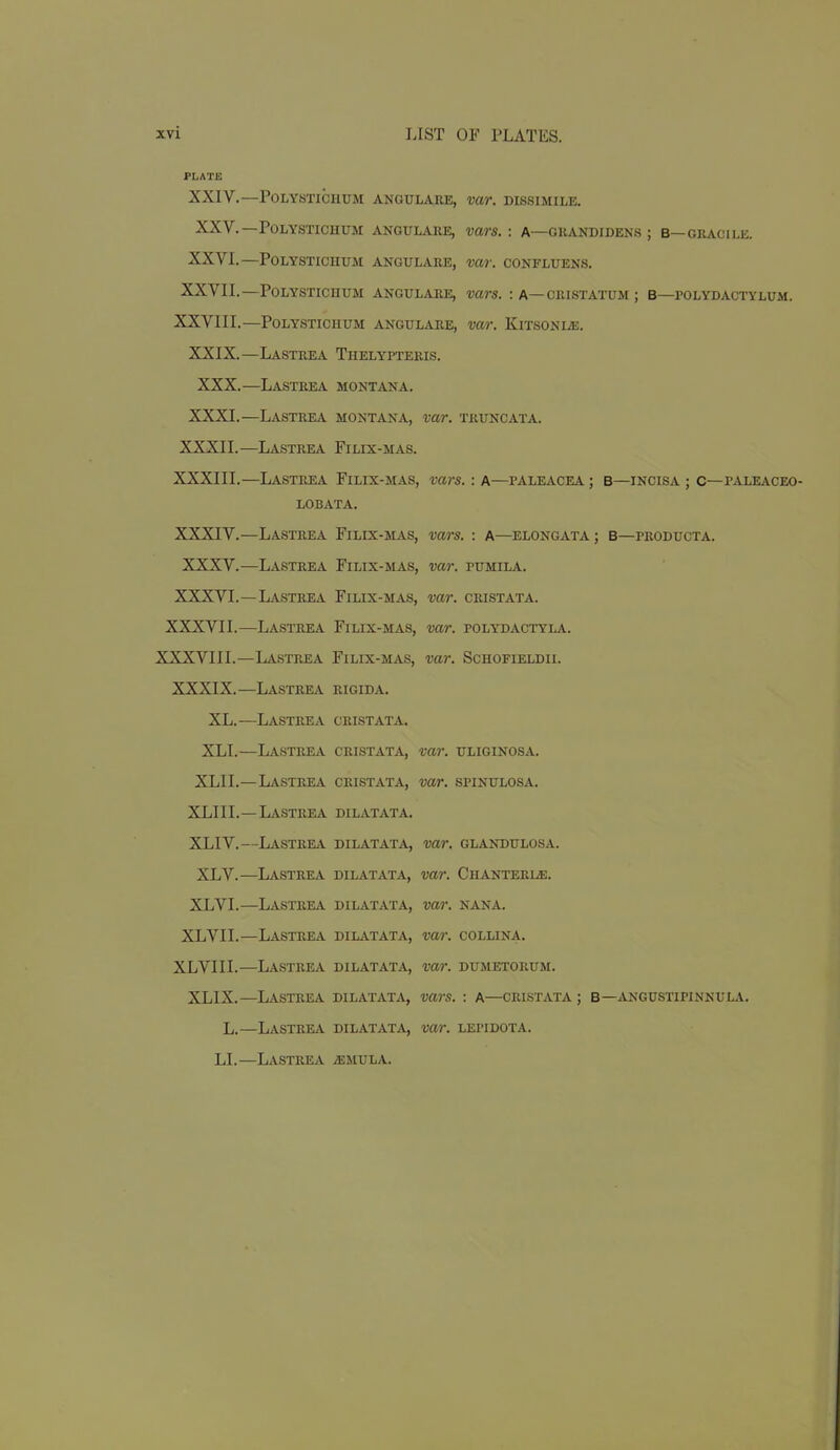 PLATE XXIV.—POLYSTICHUM ANGULARE, mr. DISSIMILE. XXV.—POLYSTICHUM ANGULARE, Vars. : A—GRANDIDENS ; B—GKACILE. XXVI.—POLYSTICHUM ANGULARE, var. CONFLIHSNS. XXVII.—POLYSTICHUM ANGULARE, varS. : A—CRISTATUM ; B—POLYDACTYLUM. XXVIII.—POLYSTICHUM ANGULARE, mr. KiTSONIJE. XXIX.—Lastrea Thelypteris. XXX.—Lastrea Montana. XXXI.—Lastrea Montana, var. truncata. XXXII. —Lastrea Filix-mas. XXXIII. —Lastrea Filix-mas, vars. : A—paleacea ; B—incisa ; c—paleaceo- LOBATA. XXXIV. —Lastrea Filix-mas, vars. : A—elongata; b—producta. XXXV.—Lastrea Filix-mas, var. pumila. XXXVI.—Lastrea Filix-mas, var. cristata. XXXVII.—Lastrea Filix-mas, var. polydactyla. XXXVIII.—Lastrea Filix-mas, var. Schofieldii. XXXIX.—Lastrea rigida. XL.—Lastrea cristata. XLI.—Lastrea cristata, var. uliginosa. XLIL—Lastrea cristata, var. spinulosa. XLIIL—Lastrea dilatata. XLIV.—Lastrea dilatata, var. glandulosa. XLV.—Lastrea dilatata, vai: CnANTERLiE. XLVI.—Lastrea dilatata, var. nana. XLVII.—Lastrea DiLi\.TATA, var. collina. XLVIII.—Lastrea dilatata, va/r. dumetorum. XLIX.—Lastrea dilatata, vars. : a—cristata ; b—angustipinnula. L.—Lastrea dilatata, var. lepidota. LI.—Lastrea jemula.