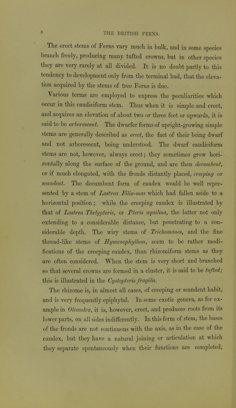 The erect stems of Ferns vary mucli in bulk, and in some species branch freely, producing many tufted crowns, but in other species they are very rarely at aU divided. It is no doubt partly to this tendency to development only from the terminal bud, that the eleva- tion acquired by the stems of tree Ferns is due. Yarious terms are employed to express the peculiarities which occur in this caudiciform stem. Thus when it is simple and erect, and acquires an elevation of about two or three feet or upwards, it is said to be arborescent. The dwarfer forms of upright-growing simple stems are generally described as erect, the fact of their being dwarf and not arborescent, being understood. The dwarf caudiciform stems are not, however, always erect; they sometimes grow hori- zontally along the surface of the ground, and are then decumbent, or if much elongated, with the fronds distantly placed, creeping or scandent. The decumbent form of caudex would be well repre- sented by a stem of Lastrea Filix-mas which had fallen aside to a horizontal position; while the creeping caudex is illustrated by that of Lastrea Thelypteris, or Pteris aquilina, the latter not only extending to a considerable distance, but penetrating to a con- siderable depth. The wiiy stems of Trichomanes, and the fine thread-like stems of Hymenophyllum, seem to be rather modi- fications of the creeping caudex, than rhizomiform stems as they are often considered. When the stem is very short and branched so that several crowns are formed in a cluster, it is said to be tufted; this is illustrated in the Cystopteris fragilis. The rhizome is, in almost all cases, of creeping or scandent habit, and is very frequently epiphytal. In some exotic genera, as for ex- ample in Oleandra, it is, however, erect, and produces roots from its lower parts, on all sides indifi'erently. In this form of stem, the bases of the fronds are not continuous with the axis, as in the case of the caudex, but they have a natural joining or articulation at which they separate spontaneously when their functions are completed,