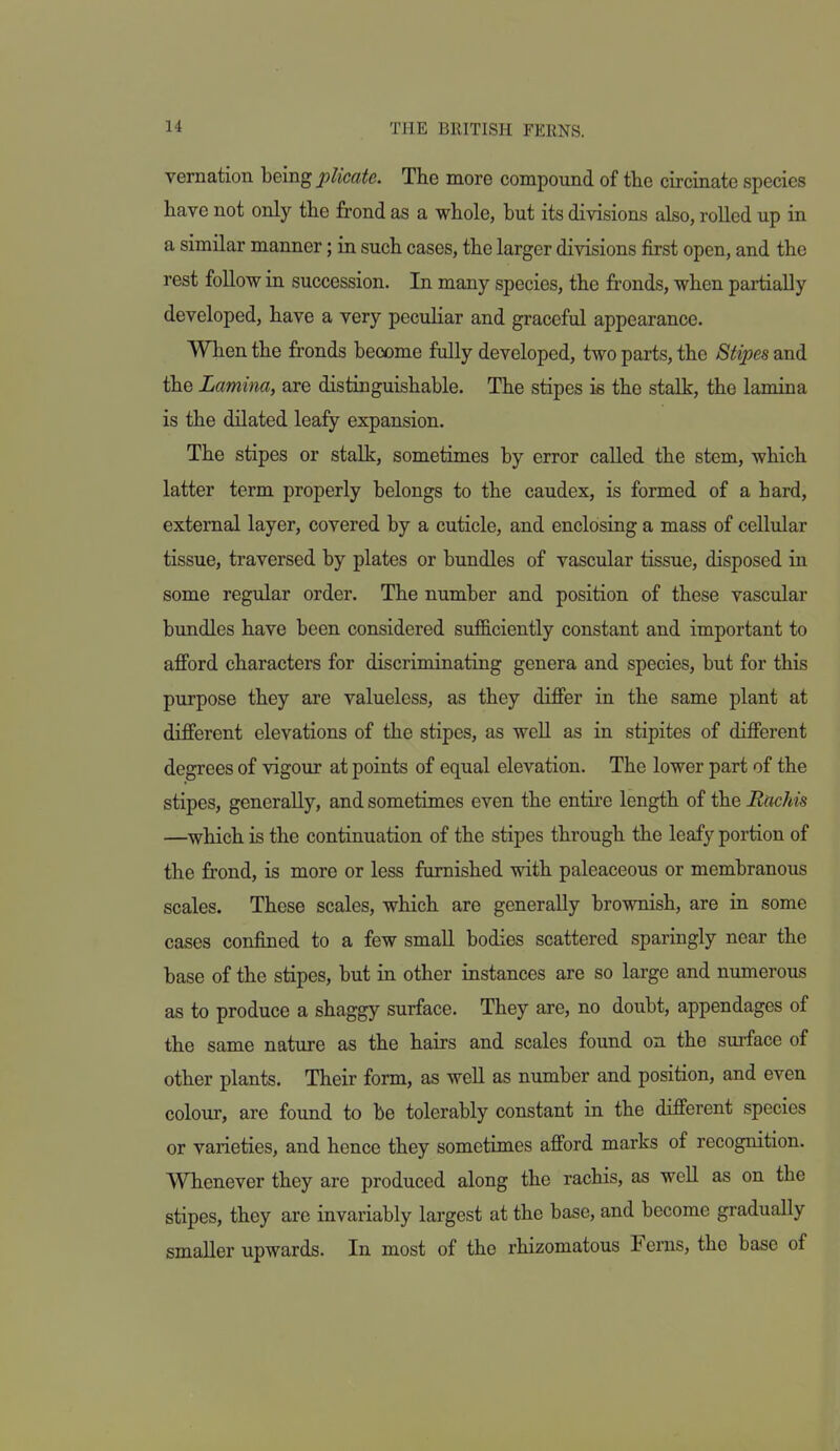 vernation heing plicate. The more compound of tlie circinate species have not only the frond as a whole, but its divisions also, roUed up in a similar manner; in such cases, the larger divisions first open, and the rest follow in succession. In many species, the fronds, when partially developed, have a very peculiar and graceful appearance. When the fronds become fully developed, two parts, the Stipes and. the Lamina, are distinguishable. The stipes ie the stalk, the lamina is the dilated leafy expansion. The stipes or stalk, sometimes by error called the stem, which latter term properly belongs to the caudex, is formed of a hard, external layer, covered by a cuticle, and enclosing a mass of cellular tissue, traversed by plates or bundles of vascular tissue, disposed in some regular order. The number and position of these vascular bundles have been considered sufficiently constant and important to afford characters for discriminating genera and species, but for this purpose they are valueless, as they differ in the same plant at different elevations of the stipes, as weU as in stipites of different degrees of vigour at points of equal elevation. The lower part of the stipes, generally, and sometimes even the entire length of the Rachis —which is the continuation of the stipes through the leafy portion of the frond, is more or less famished with paleaceous or membranous scales. These scales, which are generally brownish, are in some cases confined to a few small bodies scattered sparingly near the base of the stipes, but in other instances are so large and numerous as to produce a shaggy surface. They are, no doubt, appendages of the same nature as the hairs and scales found on the surface of other plants. Their form, as well as number and position, and even colour, are found to be tolerably constant in the different species or varieties, and hence they sometimes afford marks of recognition. Whenever they are produced along the rachis, as well as on the stipes, they are invariably largest at the base, and become gradually smaller upwards. In most of the rhizomatous Ferns, the base of
