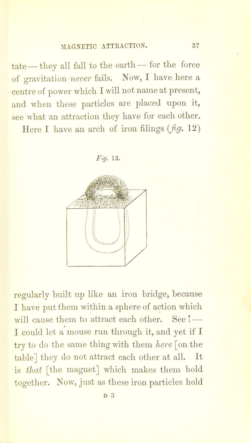I MAGNETIC ATTRACTION. 37 tate—they all fall to the earth — for the force of gravitation never fails. Now, I have here a centre of power which I will not name at present, and when these particles are placed upon it, see what an attraction they have for each other. Here I have an arch of iron filings (Jig. 12) F.g. 12. regularly built up like an iron bridge, because I have put them within a sphere of action which will cause them to attract each other. See ! — I could let a mouse run through it, and yet if I try to do the same thing with them here [on the table] they do not attract each other at all. It is that [the magnet] which makes them hold together. Now, just as these iron particles hold