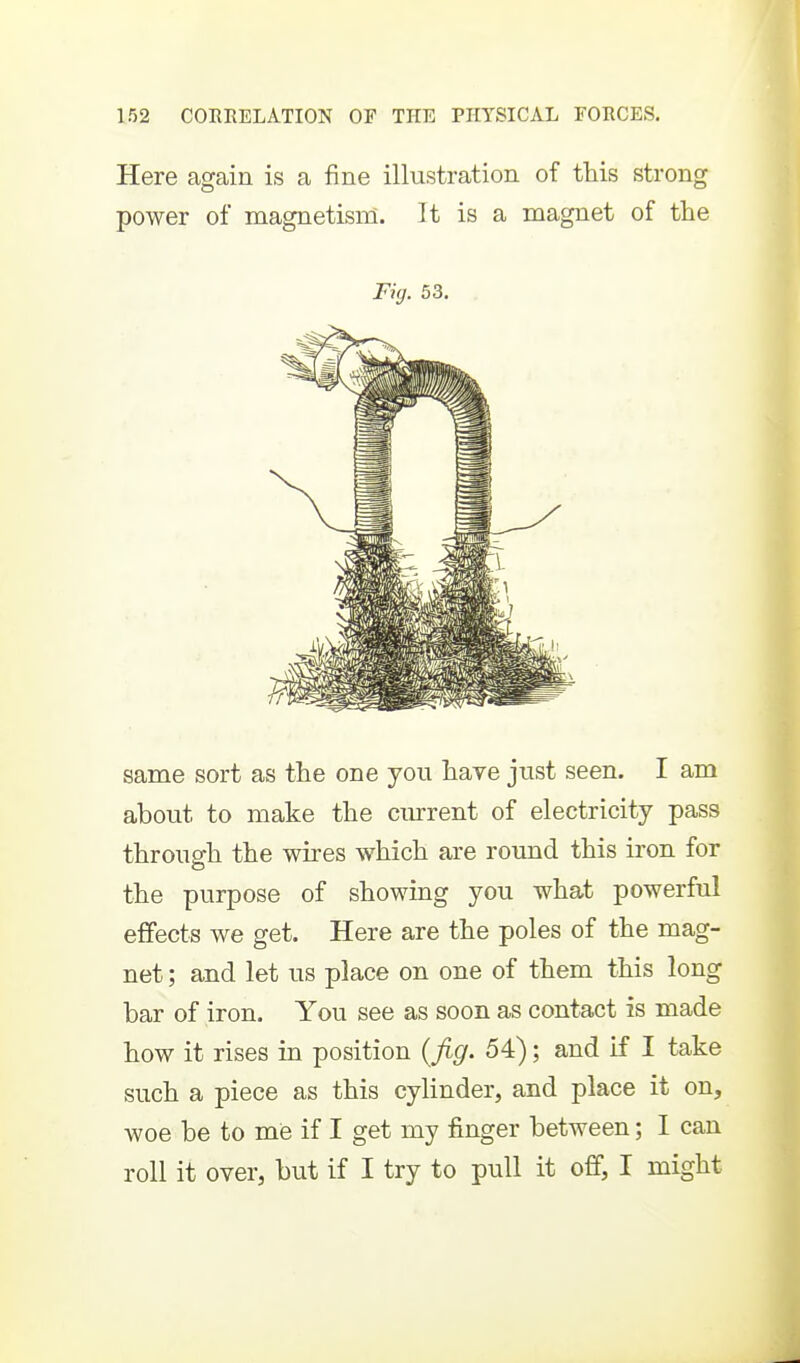 Here again is a fine illustration of this strong power of magnetism. It is a magnet of the Fig. 53. same sort as the one you have just seen. I am about to make the current of electricity pass through the wires which are round this iron for the purpose of showing you what powerful effects we get. Here are the poles of the mag- net ; and let us place on one of them this long bar of iron. You see as soon as contact is made how it rises in position {jig. 54); and if I take such a piece as this cylinder, and place it on, woe be to me if I get my finger between; I can roll it over, but if I try to pull it off, I might