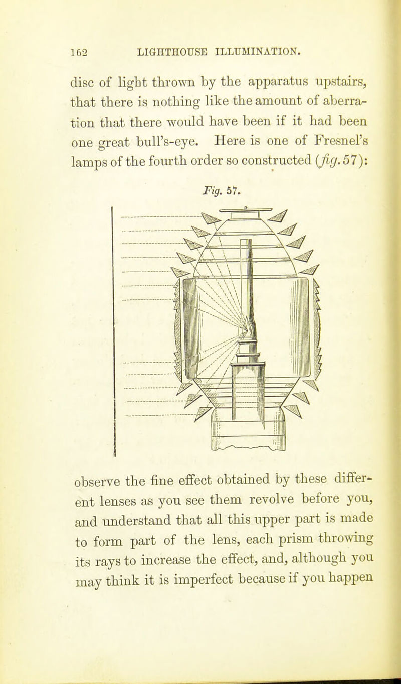 disc of light thrown by the apparatus upstairs, that there is nothing like the amount of aberra- tion that there would have been if it had been one great bull's-eye. Here is one of Fresnel's lamps of the fourth order so constructed (Jig. 57): Fig. 57. observe the fine effect obtained by these differ- ent lenses as you see them revolve before you, and understand that all this upper part is made to form part of the lens, each prism throwing its rays to increase the effect, and, although you may think it is imperfect because if you happen