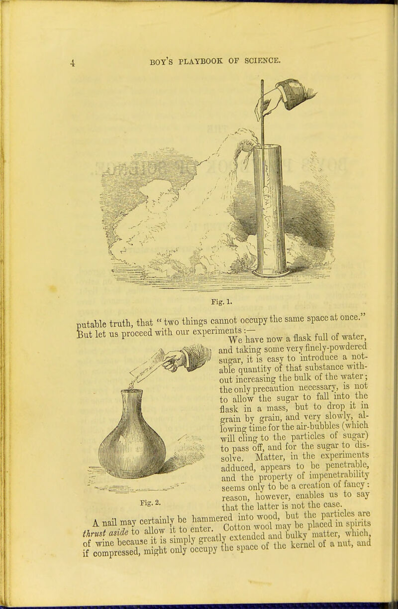 Fig. 1. putable truth, that «two things caimot occupy the same space at once. U let us proceed with our expenmc^s ^ ^^^^ and taking some very finely-powdered sugar, it is easy to introduce a not- able quantity of that substance with- out increasing the bulk of the water; the only precaution necessary, is not to allow the sugar to fall mto_ the flask in a mass, but to drop it in erain by grain, and very slowly, al- lowing time for the air-bubbles (which will cling to the particles of sugar) to pass off, and for the sugar to cUs- solve. Matter, in the experiments adduced, appears to be penetrable, and the property of impenetrabihty seems only to be a creation of fancy: reason, however, enables us to say that the latter is not the case. Ihrud a,idc to allow it '»Aid., Fig. 2.