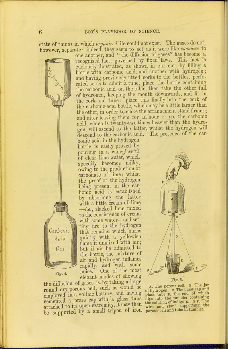 II h state of tilings in whicli organized life could not exist. The gases do not, however, separate: indeed, they seem to act as it were like vacuums to one another, and  the diffusion of gases has become a recognised fact, governed by fixed laws. This fact is curiously illustrated, as shown in our cut, by filling a bottle with carbonic acid, and another with hydrogen; and having previously fitted corks to the bottles, perfo- rated so as to admit a tube, place the bottle containing the carbonic acid on the table, then take the other fiill of hydrogen, keeping the mouth downwards, and fit in the cork and tube : place this finally into the cork of the carbonic-acid bottle, which may be a little larger than the other, in order to make the arrangement stand firmer; and after leaving them for an hour or so, the carbonic acid, which is twenty-two times heavier than the hydro- gen, will ascend to the latter, whilst the hydrogen will descend to the carbonic acid. The presence of the car- bonic acid in the hydrogen bottle is easily proved by pouring in a wiueglassful of clear lime-water, which speedily becomes milky, owing to the production of carbonate of lime; whilst the proof of the hydrogen being present in the car- bonic acid is established by absorbing -the latter with a little cream of lime —i.e., slacked lime mixed to the consistence of cream ^ with some water—and set- ting fire to the hydrogen that remains, which burns quietly with a yellowish flame if unmixed with air; but if air be admitted to the bottle, the mixture of air and hydrogen inflames rapidly, and with some noise. One of the most elegant modes of showing the diffusion of gases is. by taking a large round dry porous ceU, such as would be employed in a voltaic battery, and having cemented a brass cap with a glass tube attached to its open extremity, it may then be supported by a small tripod of u'on li C a rior/ic Cas. Fig. 4. Fig. 5. A. The porous cell. b. The jar of hydrogen, o. The brass cap and Slass tube d, the end of which dips into the tumbler containing the solution of indigo e. p f. The wire and stand supporting the porous cell and tube iu tumbler.
