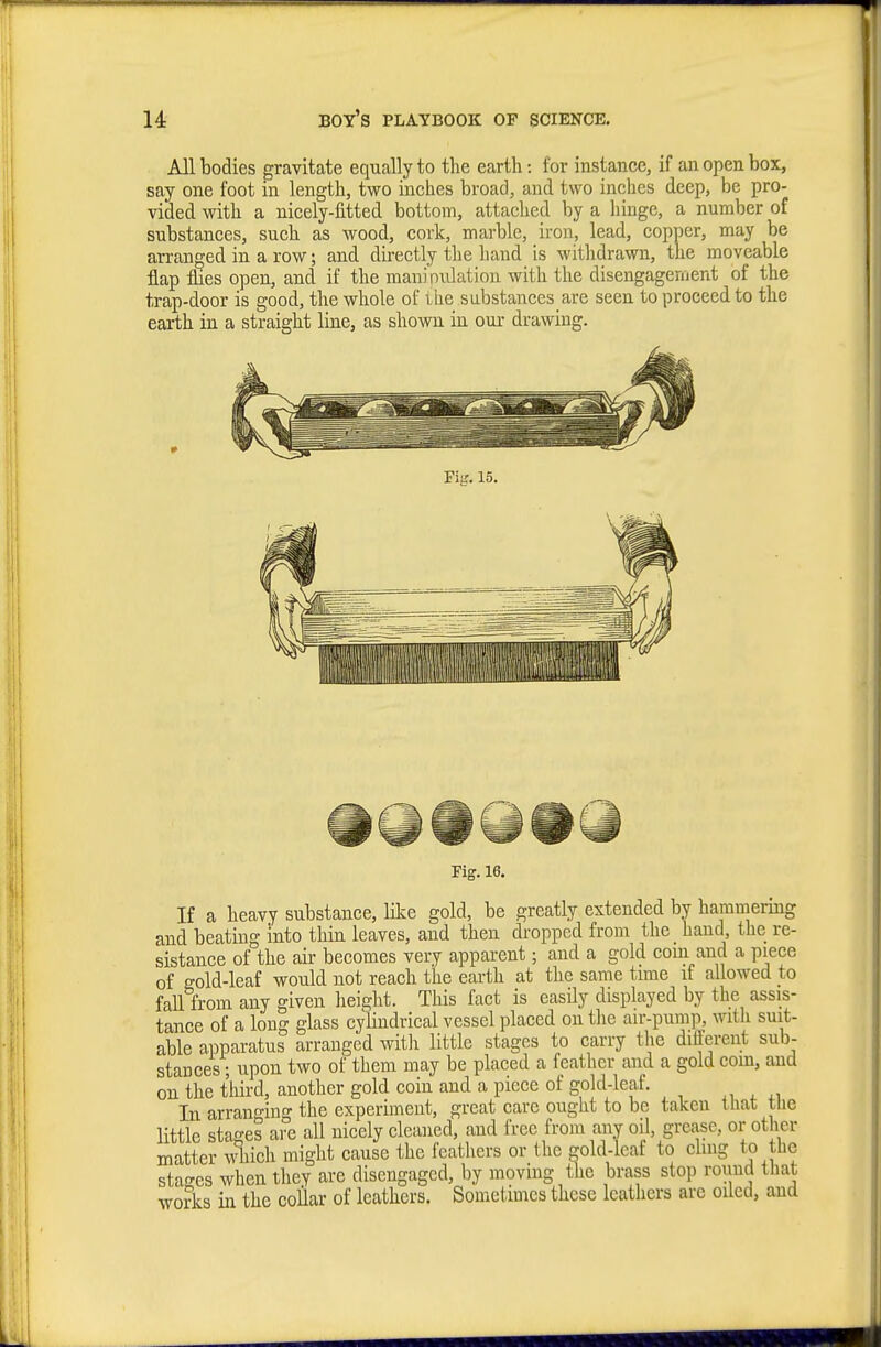 All bodies gravitate equally to the earth: for instance, if an open box, say one foot in length, two inches broad, and two inches deep, be pro- vided with a nicely-fitted bottom, attached by a iiinge, a number of substances, such as wood, cork, marble, iron, lead, copner, may be arranged in a row; and directly the baud is withdrawn, the moveable flap flies open, and if the raani'oidatiou with the disengagement of the trap-door is good, the whole of the substances are seen to proceed to the earth in a straight line, as shown in our drawing. Fiu'. 15. rig. 16. If a heavy substance, lilce gold, be greatly extended by hammering and beating into thin leaves, and then dropped from the hand, the re- sistance of the air becomes very apparent; and a gold com and a piece of gold-leaf would not reach the earth at the same time if allowed to fall from any given height. This fact is easily displayed by the assis- tance of a long glass cylindrical vessel placed on the air-pum]5, with suit- able apparatus arranged witli little stages to carry tlie dififerent sub- stances ; upon two of them may be placed a feather and a gold com, and on the third, another gold coin and a piece of gold-leaf. In arran-ing the experiment, great care ought to be takeu that the little stages are all nicely cleaned, and free from any oil, grease, or other matter M'iiich might cause the feathers or the ^old-leaf to chug to the sta<-es when they are disengaged, by moving the brass stop round that works in the collar of leathers. Sometimes these leathers are oiled, aud