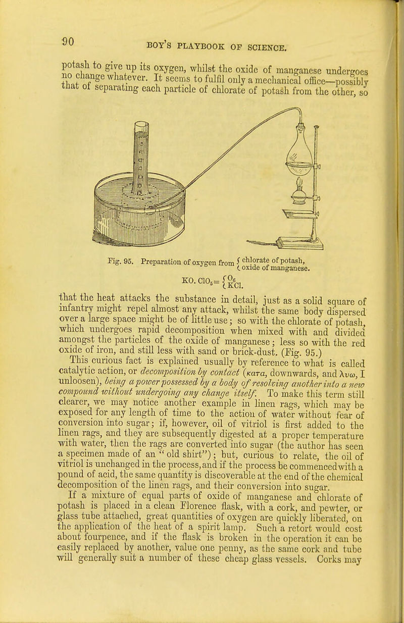 so potasli to give up its oxygen, whilst the oxide of manganese undergoes no change whatever. It seems to fulfil only a mechanical office-possiblv tliat oi separating each particle of chlorate of potash from the other, so Kg. 95. Preparation of oxygen from ^ chlorate of potash, C oxide of manganese. KG. CIO. IK '6 KCl. that the heat attacks the substance in detail, just as a solid square of infantry might repel ahnost any attack, whilst the same body dispersed over a large space might be of little use; so with the chlorate of potash which undergoes rapid decomposition when mixed with and divided amongst the particles of the oxide of manganese; less so with the red oxide of iron, and still less with sand or brick-dust. (Fig. 95.) This curious fact is explained usually by reference to what is called catalytic action, or decomposition by contact {Kara, downwards, and Xva, I unloosen), deinff a power possessed by a body of resolving another into a 7mo compound without undergoing any change itself. To make this term still clearer, we may notice another example ia linen rags, which may be exposed for any length of time to the action of water without fear of conversion into sugar; if, however, oil of vitriol is first added to the Imen rags, and they are subsequently digested at a proper temperature with water, then the rags are converted into sugar (the author has seen a specimen made of an old shirt); but, curious to relate, the oil of vitriol is unchanged in the process,aud if the process be commenced with a pound of acid, the same quantity is discoverable at the end of the chemical decomposition of the hneu rags, and their conversion into suo-ar. If a mixture of equal parts of oxide of manganese andclilorate of potash is placed in a clean Florence flask, with a cork, and pewter, or glass tube attached, great quantities of oxygen are quickly liberated,' ou the apphcation of the heat of a spirit lamp. Such a retort would cost about fourpeuce, and if the flask is broken in the operation it can be easily replaced by another, value one penny, as the same cork and tube wlU generally suit a number of these cheap glass vessels. Corks may