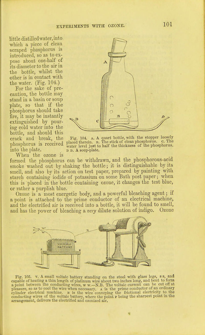 little distilledwater,into ■which a piece of clean scraped phosphorus is introduced, so as to ex- pose about one-half of ats diameter to the air in the bottle, whilst the other is in contact witli the water. (Fig. 104.) Eor the sake of pre- caution, the bottle may- stand in a basin or soup plate, so that if the phosphorus should take fire, it may be instantly extinguished by pour- ing cold water into the bottle, and should this crack and break, the Fig. 104. a. a quart bottle, with the stopper loosely 11 • 'J nlaeed therein, b. The stick of clean phosphorus, c. Ihe phosphorus IS received K leveiTug^^^^^ into the plate. d d. A soup-plate. When the ozone is formed the phosphorus can be withdrawn, and the phosphorous-acid smoke washed out by shaking the bottle; it is distinguishable by its smell, and also by its action on test paper, prepared by painting with starch containing iodide of potassium on some Bath post paper; when this is placed in the bottle containing ozone, it changes the test blue, or rather a purplish blue. Ozone is a most energetic body, and a powerful bleaching agent; if a point is attached to the prime conductor of an electrical machine, and the electrified air is received into a bottle, it wiE be found to smell, and has the power of bleaching a very dilute solution of indigo. Ozone Fig. 105. Y. A small voltaic battery standing on the stool with glass legs, s s, and capable of heating a thin length of platinum wire about two inches long, and bent to foim a point between the conducting wires, w w.—N.B. The voltaic current can be cutoti'at pleasure, so as to cool the wire when necessary, a is the prime couductor of an ordinary cylinder electrical machine, b is the wire convcying the frietional electricity to the conducting wires of the voltaic battery, where the point p being the sharpest point in the arrangement, delivers the electrified and ozonized air. •*.