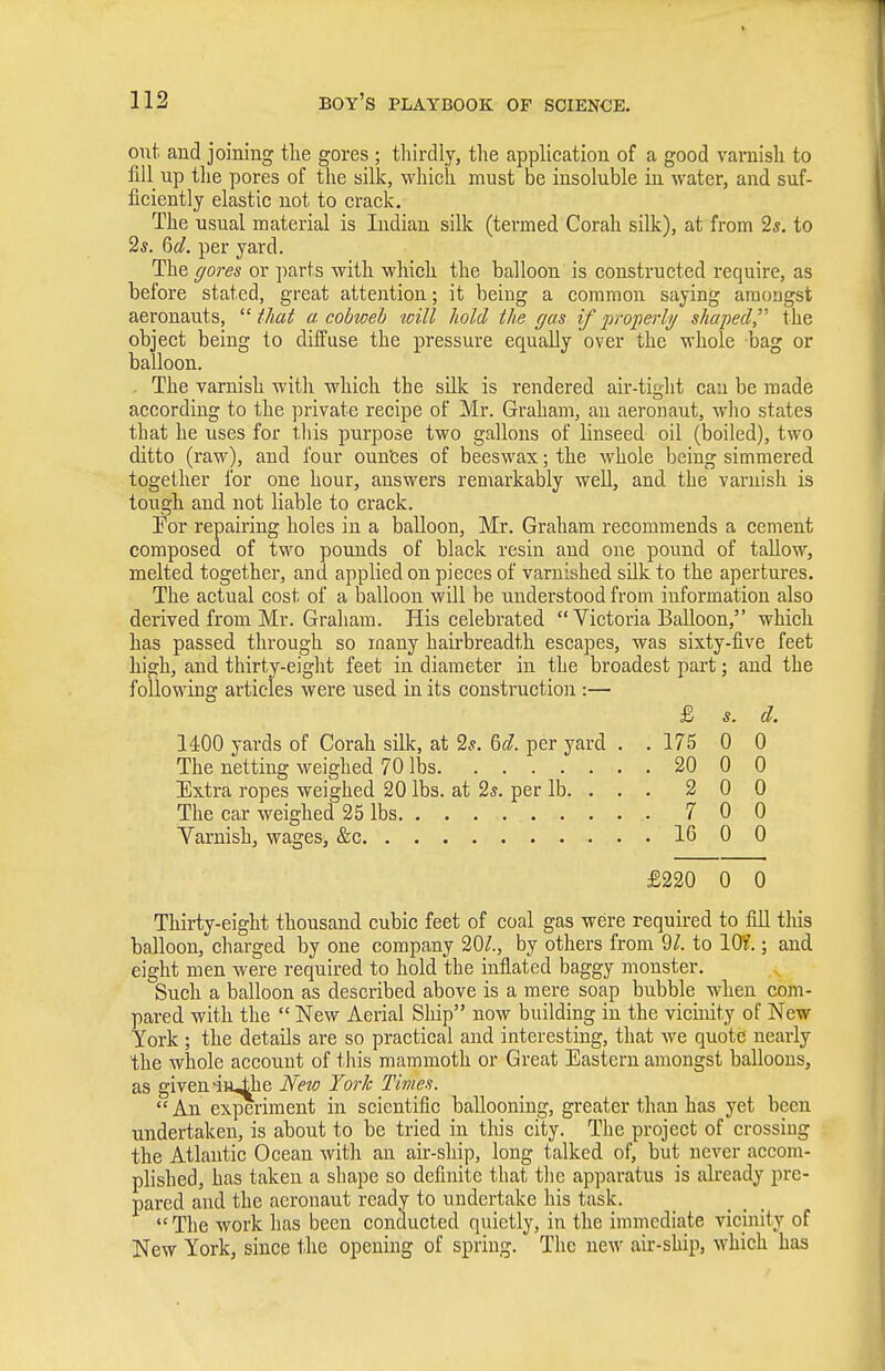 out and joining the gores ; thirdly, the application of a good vaniish to fill up the pores of the silk, which must oe insoluble iu water, and suf- ficiently elastic not to crack. The usual material is Lidian silk (termed Corah silk), at from 2*. to 2*. %d. per yard. The (/ores or i)arts with which the balloon is constructed require, as before stated, great attention; it being a common saying amougst aeronauts,  that a cobzceb toill hold the gas if properli/ shaped,''' the object being to diffuse the pressure equally over the whole bag or balloon. The varnish with which the sillc is rendered air-tight can be made according to the private recipe of Mr. Graham, an aeronaut, who states that he uses for this purpose two gallons of linseed oil (boiled), two ditto (raw), and four oun'ces of beeswax; the whole being simmered together for one hour, answers remarkably well, and the varnish is tough and not liable to crack. ]?or repairing holes in a balloon, Mr. Graham recommends a cement composed of two pounds of black resin and one pound of tallow, melted together, and applied on pieces of varnished silk to the apertures. The actual cost of a balloon will be understood from information also derived from Mr. Graham. His celebrated  Victoria Balloon, which has passed through so many hairbreadth escapes, was sixty-five feet high, and thirty-eight feet in diameter in the broadest part; and the following articles were used in its construction :— £ s. d. 1400 yards of Corah silk, at 2s. &d. per yard . . 175 0 0 The netting weighed 70 lbs 20 0 0 Extra ropes weighed 20 lbs. at 2*. per lb. . . . 2 0 0 The car weighed 25 lbs 700 Varnish, wages, &c 16 0 0 £220 0 0 Thirty-eight thousand cubic feet of coal gas were required to fill this balloon, charged by one company 20/., by others from 9/. to 10?.; and eight men were required to hold the inflated baggy monster. Such a balloon as described above is a mere soap bubble when com- pared with the  New Aerial Ship now building iu the vicuiity of New York ; the details are so practical and interesting, that we quote nearly the whole account of this mammoth or Great Eastern amongst balloons, as given-iii^e New York Times.  An experiment in scientific ballooning, greater than has yet been undertaken, is about to be tried in tliis city. The project of crossing the Atlantic Ocean with an air-ship, long talked of, but never accom- plished, has taken a shape so definite that the apparatus is already pre- pared and the aeronaut ready to undertake his task.  The work has been conducted quietly, in the immediate vicinity of New York, since the opening of spring. The new air-ship, which has