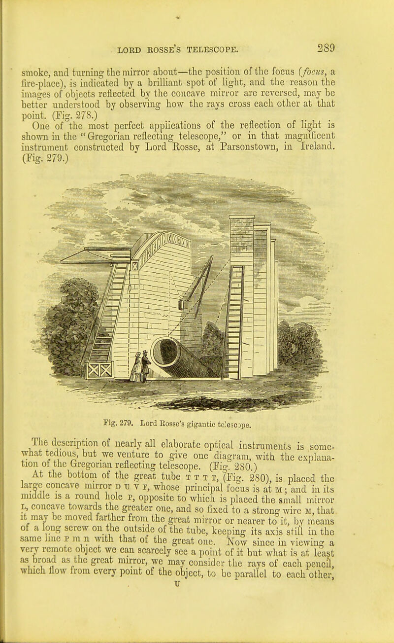 smoke, and turning tlic mirror about—tlie position of the focus (focus, a tire-place), is indicated by a brilliant spot of light, and the reason the images of objects reflected by the concave mirror are reversed, may be better understood by observing how the rays cross each other at that point. (Fig. 27S.) One of the most perfect applications of the reflection of light is shown in the  Gregorian reflecting telescope, or in that magnificent instrument constructed by Lord Rosse, at Parsonstown, in Ireland, (rig. 279.) Fig. 279. Lord Eossc's gigantic tclesope. The description of nearly all elaborate optical instruments is some- what tedious but we venture to give one diagram, with the explana- tion ot the bregorian reflecting telescope. (Fig. 2S0.) At the bottom of the great tube t t t t, (Fig. 280), is placed the lame concave mirror D u v f, whose principal focus is at m: and in its middle is a round hole p, opposite to which is placed the small mirror L, concave towards the greater one, and so fixed to a strong wire M, that It may be moved farther from the great mirror or nearer to it, by means of a long screw on the outside of the tube, keeping its axis still in the same hue p m n with that of the great one. Now since in viewing a very remote object we can scarcely see a point of it but what is at least as broad as the great mirror, we may consider the rays of each i)encn, which flow from every point of the object, to be parallel to each other,