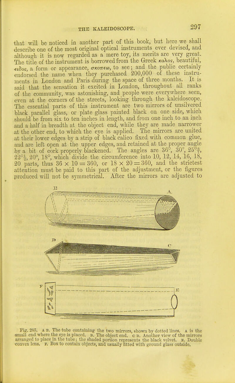 THE KALEIDOSCOPE. tliat -n-ill be noticed in another part of this book, but here we sliall describe one of the most original optical instruments ever devised, and although it is no^ regarded as a mere toy, its merits are very great. The tit% of the instruinent is borrowed from the Greek koXos, beautiful, <tSor, a form or appearance, aKoneco, to see; and the public certainly endorsed the name when they pm-chased 200,000 of these nistru- ments in London and Paris during the space of three months. It is said that the sensation it excited in London, throughout all ranks of the community, was astonishing, and people were everywhere seen, even at the corners of the streets, looking through the kaleidoscope. The essential parts of this instrument are two mirrors of unsilvered black parallel glass, or plate glass painted black on one side, which should be from six to ten inclies in length, and from one inch to an inch and a half in breadth at the object end, while they are made narrower at the other end, to which the eye is applied. The mirrors are united at their lower edges by a strip of black calico fixed with common glue, and are left open at the upper edges, and retained at the proper angle bv a bit of cork properly blackened. The angles are 36°, 30°, 25°f, 23°*, 20°, 18°, which divide the circumference into 10, 12, 14, 16, 18, 20 parts, thus 36 x 10 = 360, or 18 X 20 = 360, and the strictest attention must be paid to this part of the adjustment, or the figures produced will not be symmetrical. After the mirrors are adjusted to Pig. 285. A B. The tube containing the two mirrors, shown by clotted lines, a is the .«mall end where the eye is placed, b. The object end. c d. Another view of the mirrors arranged to place in the tube; the shaded portion represents the black velvet, e. Double convex lens. e. Box to contain objects, and usually fitted with ground glass outside.