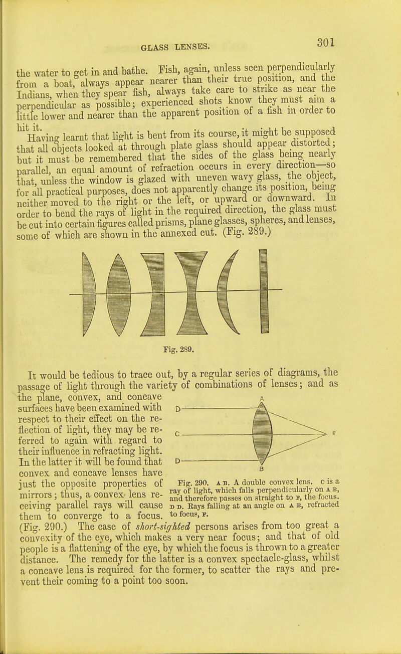 GLASS LENSES. the ^ater to get in and batlie. Fish, agaui, unless seen perpendiculaily ftom a boat, always appear nearer than their true position, and he Indians, wlien they spe^li- fish, always take care to strike as near the pei^endicular as possible; experienced shots know they mnst aim a Ettfe bwer and neai-er than the apparent position of a fish m order to ^Havino- learnt that light is bent from its course, it might be supposed that aU objects looked at through plate glass should appear .distoi-ted; but it must be remembered that the sides of the glass bemg nearly paraUel, an equal amount of refraction occurs in every direction-so tbat, unless the window is glazed with uneven wavy glass, the object, for all practical purposes, does not apparently chan-e its position, being neither moved to the right or the left, or upward or downward. In order to bend the rays of light in the required direction, the glass must be cut into certain figures called prisms, plane glasses, spheres, and lenses, some of which are shown in the annexed cut. (Iig. 2b J.) Fig. 289. It would be tedious to trace out, by a regular series of diagrams, the passage of light tlu:ough the variety of combinations of lenses; and as the plane, convex, and concave surfaces have been examined with d- respect to their effect on the re- flection of light, they may be re- ferred to again with regard to their influence ia refracting light. In the latter it will be found that convex and concave lenses have just the opposite properties of mirrors; thus, a convex lens re- ceiving parallel rays wiU cause them to (Fis. 290.) converge Fig. 290. A B. A double convex lens, c is a ray of light, whicli falls perpendicularly on a b, and therefore passes on straight to p, the focus. D D. Bays falling at an angle on a b, refracted to a focus, to focus, The'case of short-sighted persons arises from too great a convexity of the eye, which makes a very near focus; and that of old people is a flattening of the eye, by which the focus is thrown to a greater distance. The remedy for the latter is a convex spectacle-glass, whilst a concave lens is required for the former, to scatter the rays and pre- vent their coming to a point too soon.