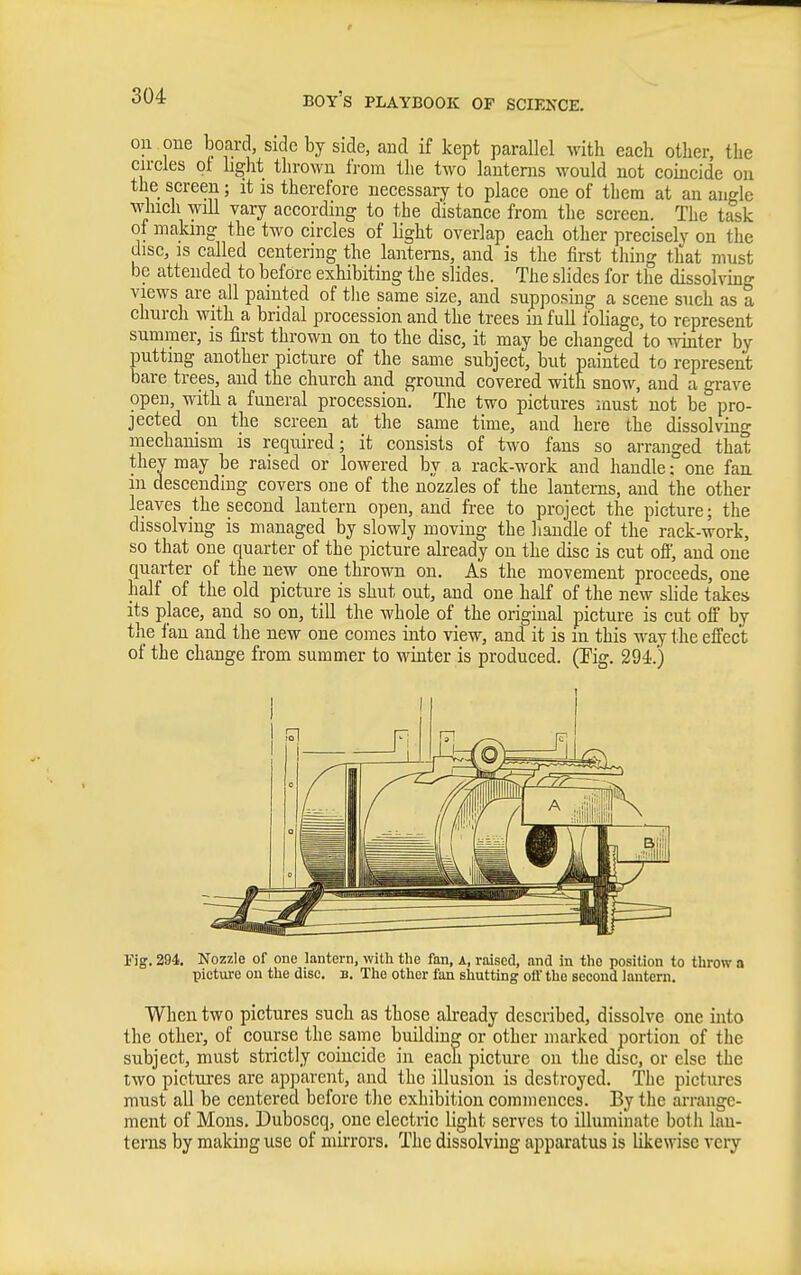 on one board, side by side, and if kept parallel with eacli other, the circles pt hght thrown fi-om the two lanterns would not coincide on the screen; it is therefore necessary to place one of them at an angle which will vary according to the distance from the screen. The task of making the two circles of light overlap each other precisely on the disc, is called centering the lanterns, and is the first thing that must be attended to before exhibiting the slides. The slides for the dissolving views are all painted of the same size, and supposing a scene such as a church with a bridal procession and the trees in full foliage, to represent summer, is first thrown on to the disc, it may be changed to winter by putting another picture of the same subject, but painted to represent bare trees, and the church and ground covered with snow, and a grave open, with a funeral procession. The two pictures must not be pro- jected on the screen at the same time, and here the dissolving mechanism is required; it consists of two fans so arranged that they may be raised or lowered by a rack-work and handle: one fan m descending covers one of the nozzles of the lanterns, and the other leaves the second lantern open, and ft-ee to project the picture; the dissolving is managed by slowly moving the handle of the rack-work, so that one quarter of the picture already on the disc is cut off, and one quarter of the new one thrown on. As the movement proceeds, one half of the old picture is shut out, and one half of the new slide takes its place, and so on, till the whole of the original picture is cut off by the fan and the new one comes into view, and it is in this way the effect of the change from summer to winter is produced. (Fig. 294.) llg, 294. Nozzle of one lantern, with the fan, a, raised, and in the position to throw a picture on the disc. b. The other fan shutting oft' the second lantern. When two pictures such as those already described, dissolve one into the other, of course the same building or other marked portion of the subject, must strictly coincide in each picture on the disc, or else the two pictures are apj)arent, and the illusion is destroyed. The pictures must all be centered before the exhibition commences. By the arrange- ment of Mons. Duboscq, one electric light serves to illuminate both lan- terns by making use of niiiTors. The dissolving apparatus is likewise very
