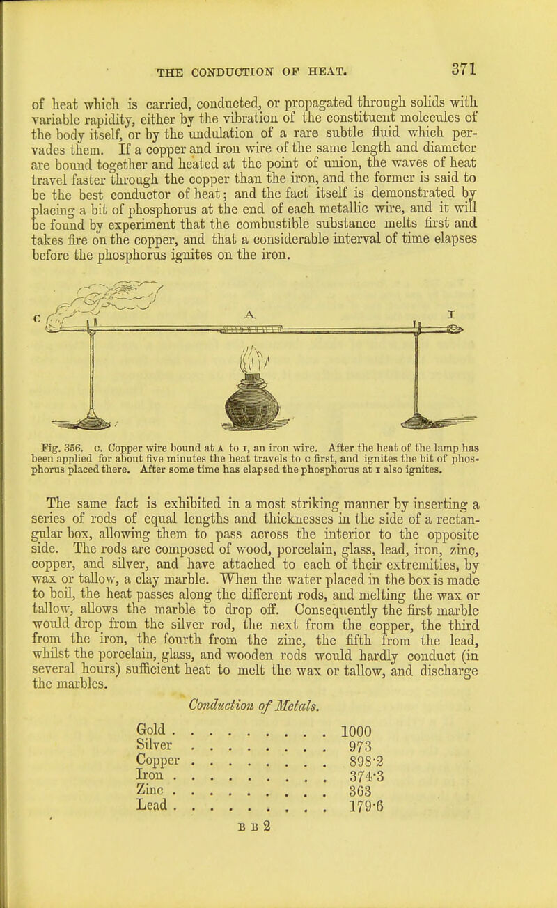 of lieat wMcli is carried, conducted, or propagated through solids with variable rapidity, either by the vibration of the constituent molecules of the body itself, or by the undulation of a rare subtle fluid which per- vades them. If a copper and iron wire of the same length and diameter are bound together and heated at the point of union, the waves of heat travel faster through the copper than the iron, and the former is said to be the best conductor of heat; and the fact itself is demonstrated by placing a bit of phosphorus at the end of each metallic wire, and it will oe found by experiment that the combustible substance melts fii-st and takes fire on the copper, and that a considerable interval of time elapses before the phosphorus ignites on the iron. Pig'. 356. c. Copper wire bonnd at a to i, an iron wire. After the heat of the lamp has been applied for about five minutes the heat travels to c first, and ignites the bit of phos- phorus placed there. After some time has elapsed the phosphorus at i also ignites. The same fact is exhibited in a most striking manner by inserting a series of rods of equal lengths and thicknesses in the side of a rectan- gular box, allowing them to pass across the interior to the opposite side. The rods are composed of wood, porcelain, glass, lead, iron, zinc, copper, and sUver, and liave attached to each of their extremities, by wax or tallow, a clay marble. When the water placed in the box is made to boil, the heat passes along the difTerent rods, and melting the wax or tallow, allows the marble to di-op off. Consequently the first marble would drop from the silver rod, the next from the copper, the thii-d from the iron, the fourth from the zinc, the fifth from the lead, whilst the porcelain, glass, and wooden rods would hardly conduct (in several hours) sufficient heat to melt the wax or tallow, and discharge the marbles. Condvxtion of Metals. Gold 1000 Silver 973 Copper 898-2 Iron 374.-3 Zinc 363 Lead 179-6 B B 2