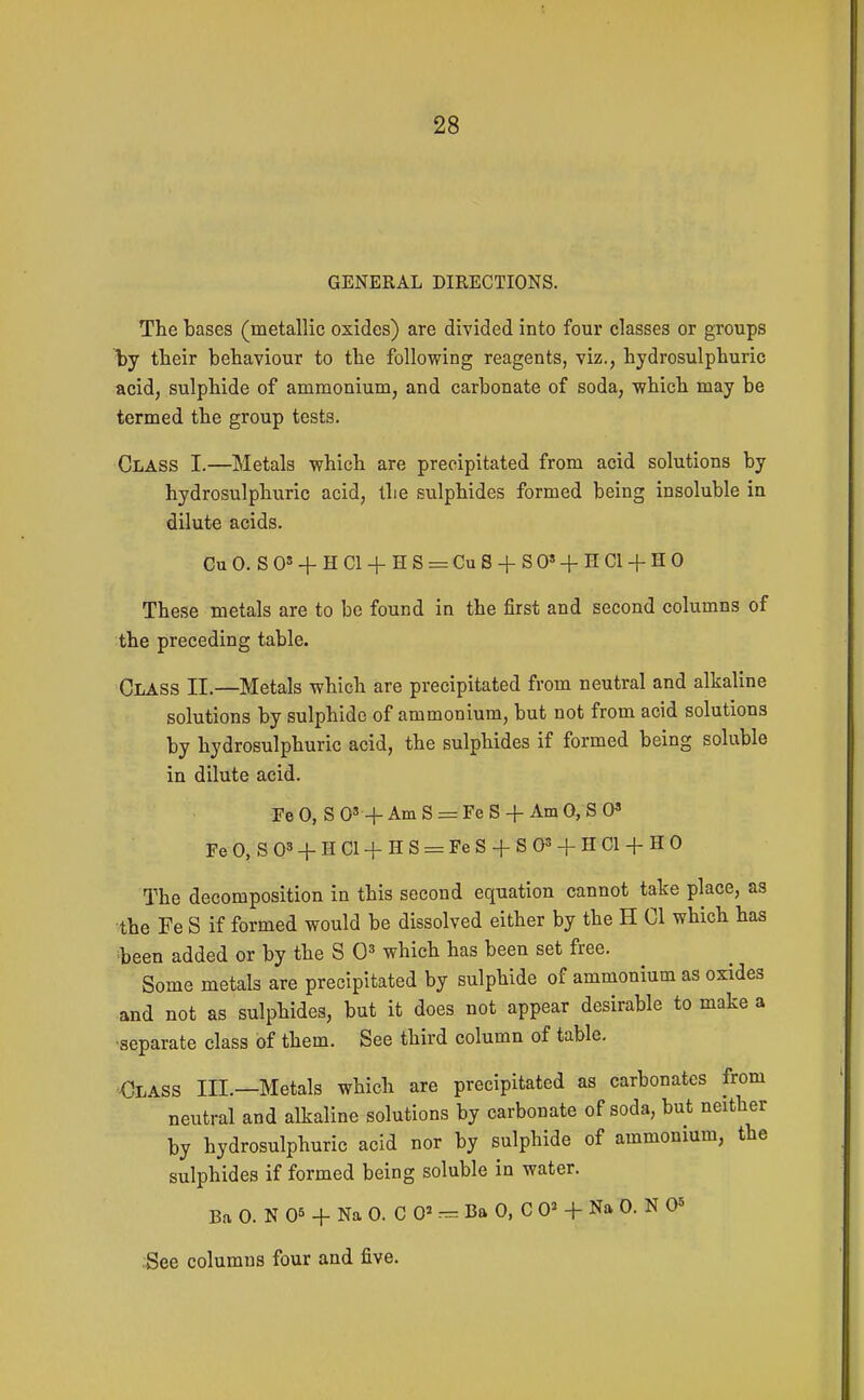 GENERAL DIRECTIONS. The bases (metallic oxides) are divided into four classes or groups by tbeir behaviour to the following reagents, viz., hydrosulphuric acid, sulphide of ammonium, and carbonate of soda, which may be termed the group tests. Class I.—Metals which are precipitated from acid solutions by hydrosulphuric acid, the sulphides formed being insoluble in dilute acids. CuO. SOs + HCl + HS = CuS + SO»+HCl + HO These metals are to be found in the first and second columns of the preceding table. Class II.—Metals which are precipitated from neutral and alkaline solutions by sulphide of ammonium, but not from acid solutions by hydrosulphuric acid, the sulphides if formed being soluble in dilute acid. re 0, S 0'+ Am S = Fe S + Am 0, S (y FeO,S05 + HCl + HS = FeS + S03 + HCl + HO The decomposition in this second equation cannot take place, as ■the Fe S if formed would be dissolved either by the H CI which has ^been added or by the S 0^ which has been set free. Some metals are precipitated by sulphide of ammonium as oxides and not as sulphides, but it does not appear desirable to make a •separate class of them. See third column of table. Olass in.—Metals which are precipitated as carbonates from neutral and alkaline solutions by carbonate of soda, but neither by hydrosulphuric acid nor by sulphide of ammonium, the sulphides if formed being soluble in water. Ba 0. N 05 + Na 0. C 0^ - Ba 0, C 0^ + Na 0. N 0^ See columns four and five.