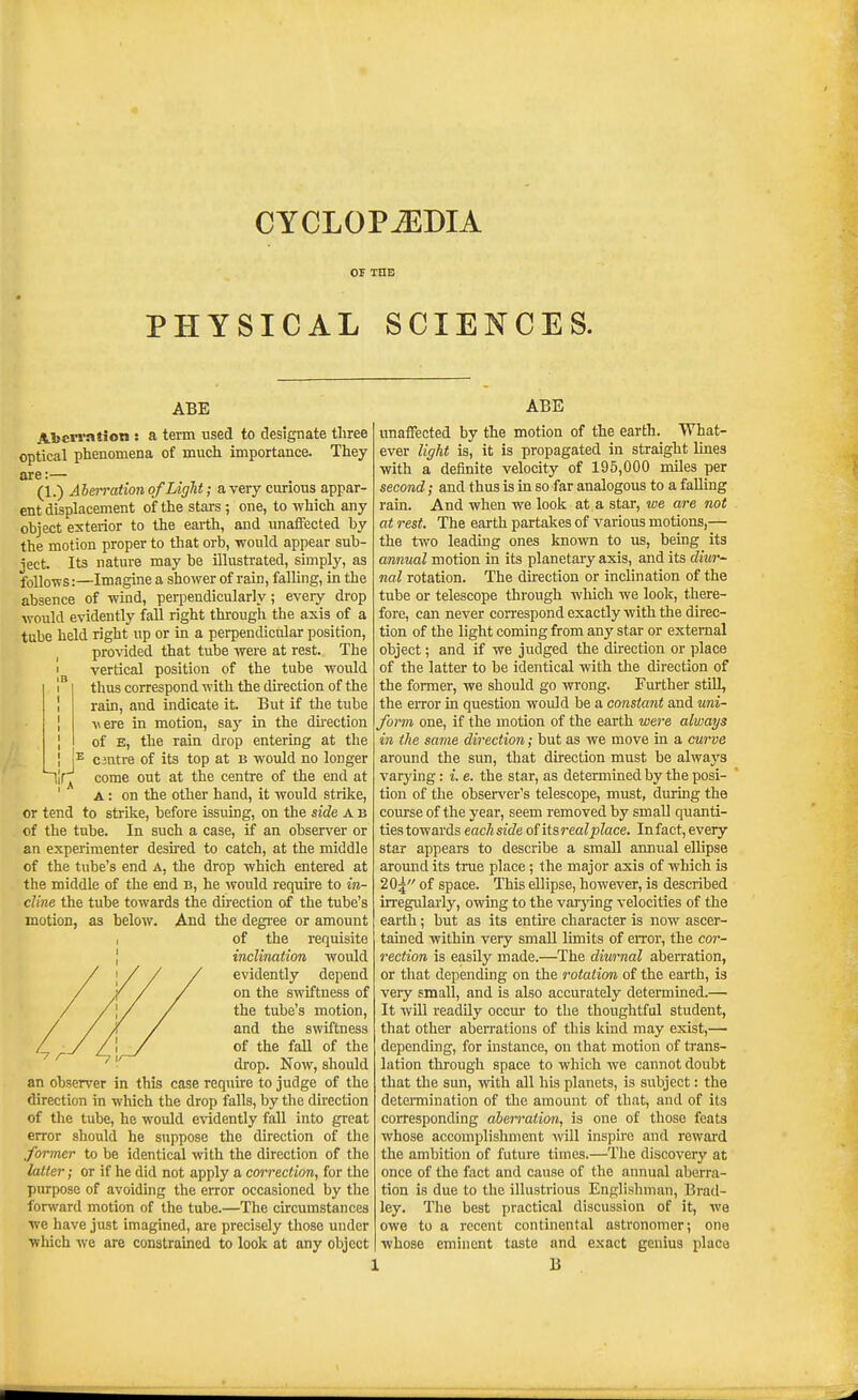 CYCLOPiEDIA OF THE PHYSICAL SCIENCES. ABE Aljcrvation : a term used to designate three optical phenomena of much importance. They are:— (1.) Ahm-ation of Light; a very curious appar- ent displacement of the stars ; one, to which any object exterior to the earth, and unaffected by the motion proper to that orb, would appear sub- ject. Its nature may be illustrated, simply, as follows:—Imagine a shower of rain, falling, in the absence of wmd, perpendicularly; every drop would evidently fall right through the axis of a tube held right up or in a perpendicular position, pro%aded that tube were at rest. The i„ vertical position of the tube would thus correspond with the direction of the rain, and indicate it. But if the tube ■were in motion, say in the du-ection of E, the rain drop entering at the centre of its top at b would no longer come out at the centre of the end at '  A: on the other hand, it would strike, or tend to strike, before issuing, on the side A b of the tube. In such a case, if an observer or an experimenter desii-ed to catch, at the middle of the tube's end a, the drop which entered at the middle of the end b, he would require to in- cline the tube towards the direction of the tube's motion, as below. And the degree or amount I of the requisite I inclination would evidently depend on the swiftness of the tube's motion, and the swiftness of the fall of the drop. Now, should an observer in this case require to judge of the direction in which the drop falls, by the du-ection of the tube, he would evidently fall into groat error should he suppose the direction of the former to be identical with the direction of the latter; or if he did not apply a correction, for the purpose of avoiding the error occasioned by the forward motion of the tube.—The circumstances we have just imagined, are precisely those under which we are constrained to look at any object ABE unaffected by the motion of the earth. What- ever light is, it is propagated in straight lines with a definite velocity of 195,000 miles per second; and thus is in so far analogous to a falling rain. And when we look at a star, we are not at rest. The earth partakes of various motions,— the two leading ones known to us, being its annual motion in its planetary axis, and its diur- nal rotation. The du-ection or inclination of the tube or telescope through which we look, there- fore, can never correspond exactly with the direc- tion of the light coming from any star or external object; and if we judged the direction or place of the latter to be identical with the direction of the former, we should go wrong. Further still, the error in question would be a constant and uni- form one, if the motion of the earth were always in the same direction; but as we move in a cui've around the sun, that direction must be always varying: i. e. the star, as determined by the posi- tion of the obser\'er's telescope, must, during the course of the year, seem removed by small quanti- ties towards each side of its real place. In fact, every star appears to describe a small annual ellipse around its true place; the major axis of which is 20^ of space. This ellipse, however, is described irregularly, owing to the vai'jnng velocities of the earth; but as its entire character is now ascer- tained within very small limits of eiTor, the cor- rection is easily made.—The diurnal aben-ation, or that depending on the rotation of the earth, is very small, and is also accurately determined.— It will readily occur to the thoughtful student, that other abeiTations of this kind may exist,—• depending, for instance, on that motion of trans- lation through space to which we cannot doubt that the sun, with all his planets, is subject: the deteiTnination of the amount of that, and of its corresponding aberration, is one of those feats whose accomijlishment will inspire and reward the ambition of future times.—The discovery at once of the fact and cause of the annual aberra- tion is due to the illustrious Englishman, Brad- ley. The best practical discussion of it, we owe to a recent continental astronomer; one whose eminent taste and exact genius place B