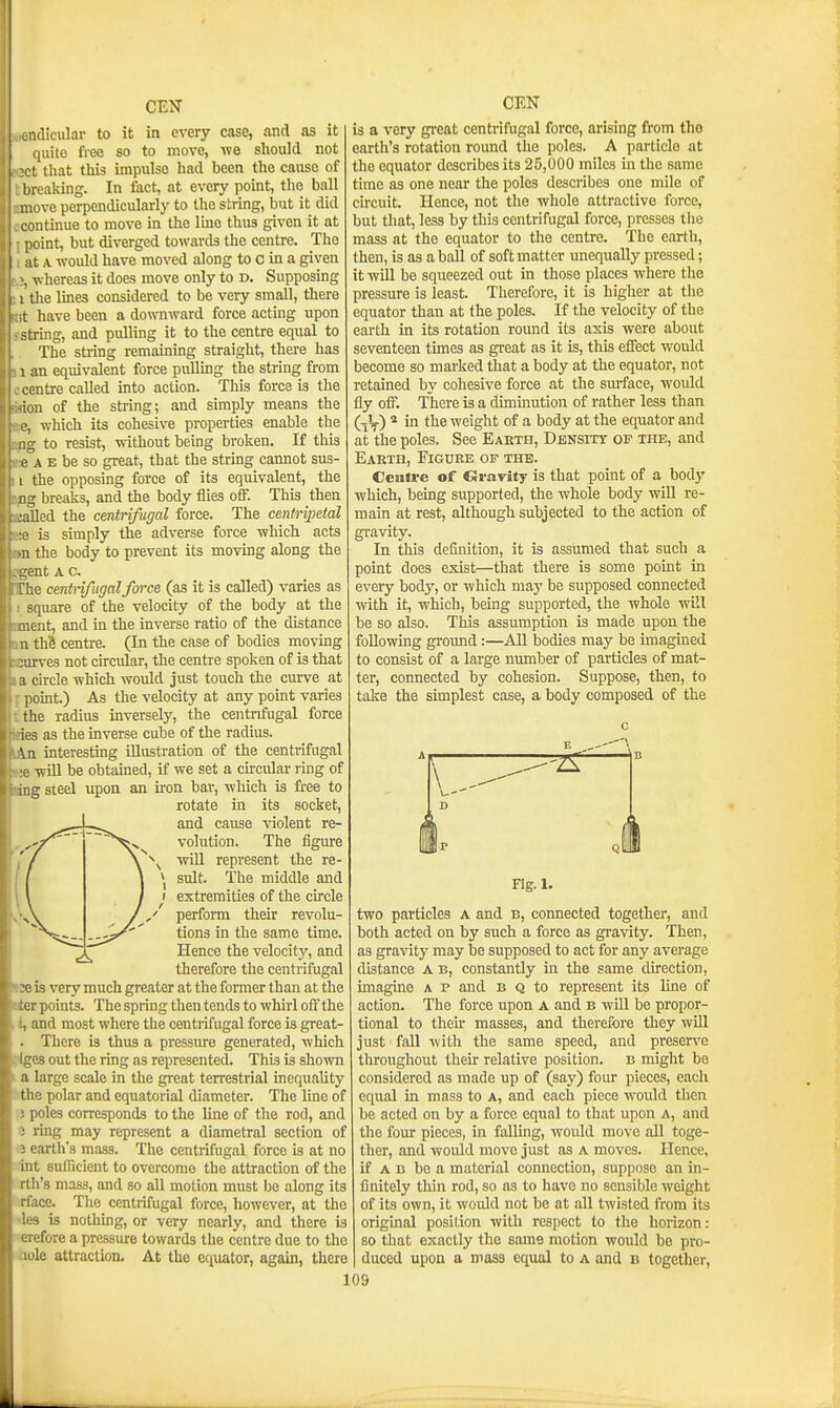 ondicular to it in every case, and as it quite free so to move, we should not t that this impulse had been the cause of l eaking. In fact, at every point, the ball ove perpendicularly to the s tring, but it did ntinue to move in the luie thus given it at oint, but diverged towards the centre. The :t A would have moved along to c in a given whereas it does move only to d. Supposing ihe lines considered to be veiy small, there have been a downward force acting upon string, and pulling it to the centre equal to The string remaining straight, there has 1 an equivalent force puUmg the string from centre called into action. This force is the ion of the string; and simply means the \ which its cohesive properties enable the , to resist, without being broken. If this . A E be so great, that the string cannot sus- 1 the opposing force of its equivalent, the n;^ breaks, and the body flies off. This then ailed the centrifugal force. The centripetal ■e is simply the adverse force which acts n the body to prevent its moving along the :iit A c. iie cenirifugal force (as it is called) varies as square of the velocity of the body at the nent, and in the inverse ratio of the distance n th8 centre. (In the case of bodies moving ;iu-ves not circular, the centre spoken of is that a circle which would just touch the curve at point.) As the velocity at any point varies the radius inversely, the centriifugal force • ies as the inverse cube of the radius. fAn interesting illustration of the centrifugal : :e will be obtamed, if we set a circular rmg of luing steel upon an iron bar, which is free to rotate in its socket, and cause •vaolent re- volution. The figure will represent the re- * suit. The middle and I extremities of the circle perform their revolu- tions in the same time. Hence the velocity, and therefore the centrifugal ceis very much greater at the former than at the Bter points. The spring then tends to whirl off the i, and most where the centrifugal force is great . There is thus a pressure generated, which jtges out the ring as represented. This is shown a large scale in the great terrestrial inequality the polar and equatorial diameter. The line of J poles corresponds to the line of the rod, and 3 ring may represent a diametral section of 3 earth's mass. The centrifugal force is at no int sufficient to overcome the attraction of the rth's mass, and so all motion must be along its rface. Tlie^ centrifugal force, however, at the ■les is nothing, or very nearly, and there is erefore a pressure towards the centre due to the ■sole attraction. At the equator, again, there CEN IS a very gi-eat centrifugal force, arising from the earth's rotation round the poles. A particle at the equator describes its 25,000 miles in the same time as one near the poles describes one mile of circuit. Hence, not the whole attractive force, but that, less by this centrifugal force, presses tlie mass at the equator to the centre. The eartli, then, is as a ball of soft matter unequally pressed; it will be squeezed out in those places where the pressure is least. Therefore, it is higher at tlie equator than at the poles. If the velocity of the earth in its rotation round its axis were about seventeen times as great as it is, this effect Avould become so marked that a body at the equator, not retained by cohesive force at the smface, would fly off. There is a diminution of rather less than (_>_) 1 in the weight of a body at the equator and at the poles. See Earth, Density of the, and Earth, Figure op the. Cciin-e of Gravity is that point of a body which, being supported, the whole body wiU re- main at rest, although subjected to the action of gravity. In this definition, it is assumed that such a point does exist—that there is some point in every body, or which may be supposed connected with it, which, being supported, the whole will be so also. This assumption is made upon the following groimd :—AH bodies may be imagined to consist of a large number of particles of mat- ter, connected by cohesion. Suppose, then, to take the simplest case, a body composed of the Fig. 1. two particles A and b, connected together, and both acted on by such a force as gravity. Then, as gravity may be supposed to act for any average distance A b, constantly in the same direction, imagine a p and b q to represent its line of action. The force upon a and b will be propor- tional to their masses, and therefore they will just fall with the same speed, and preserve throughout their relative position, b might be considered as made up of (say) four pieces, each equal in mass to a, and each piece would then be acted on by a force equal to that upon a, and the four pieces, in falling, would move all toge- ther, and would move just as a moves. Hence, if A b be a material connection, suppose an in- finitely thin rod, so as to have no sensible weight of its own, it would not be at all twisted from its original position with respect to the horizon: so that exactly the same motion would be pro- duced upon a mass equal to a and b together,