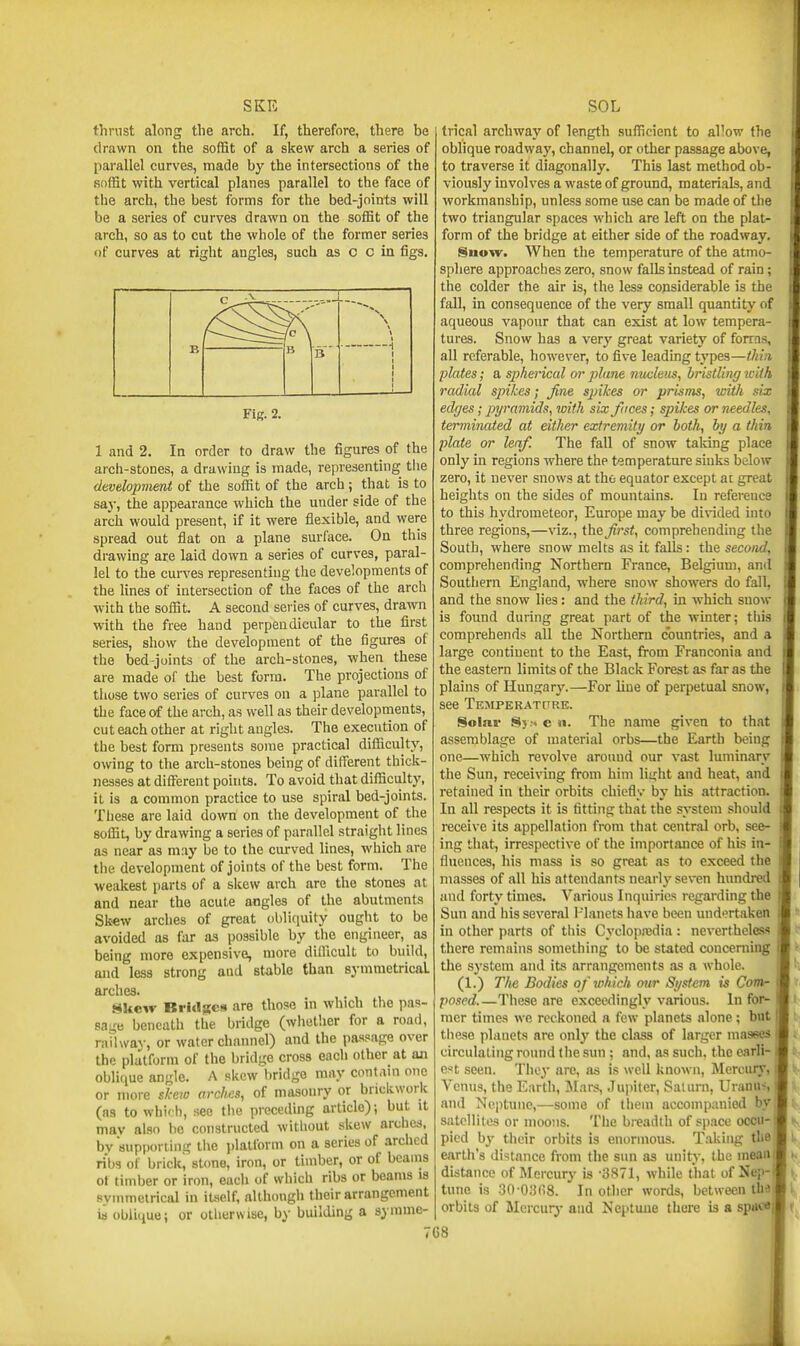 thrust along the arch. If, therefore, there be drawn on the soffit of a skew arch a series of parallel curves, made by the intersections of the soffit with vertical planes parallel to the face of the arch, the best forms for the bed-joints will be a series of curves drawn on the soffit of the arch, so as to cut the whole of the former series of curves at right angles, such as o c in figs. ic \ B Fif?. 2. 1 and 2. In order to draw the figures of the arch-stones, a drawing is made, representing the development of the soffit of the arch; that is to say, the appearance which the under side of the arch would present, if it were flexible, and were spread out flat on a plane surface. On this drawing are laid down a series of curves, paral- lel to the curves representing the developments of the lines of intersection of the faces of the arch with the soffit. A second series of curves, drawn with the free hand perpendicular to the first series, show the development of the figures of the bed-joints of the arch-stones, when these are made of the best form. The projections of those two series of curves on a plane parallel to the face of the arch, as well as their developments, cut each other at right angles. The execution of the best form presents some practical difficulty, owing to the arch-stones being of different thick- nesses at diiferent points. To avoid that difficulty, it is a common practice to use spiral bed-joints. These are laid down on the development of the soffit, by drawing a series of parallel straight lines as near as m;iy be to the curved lines, which are the development of joints of the best form. The weakest parts of a skew arch are the stones at and near the acute angles of the abutments Skew arches of great obliquity ought to be avoided as far as possible by the engineer, as being more expensive, more difficult to build, and less strong and stable than symmetricaL arches. Skew Bridges are those in which the pas- sage beneath the bridge (whether for a road, railway, or water channel) and the passage over the platform of the bridge cross each other at an oblique angle. A skew bridge may contain one or more sl-eio arclies, of masonry or brickwork (as to whi'h, see tlie preceding article); but it may also he constructed without skew arches, bv supporting the jilalform on a series of arched ribs of brick, stone, iron, or timber, or of beams ot timber or iron, eacli of which ribs or beams is svmmelrical in itself, although their arrangement is oblique; or otherwise, by building a symme- trical archway of length sufficient to al^ow the oblique roadway, channel, or other passage above, to traverse it diagonally. This last method ob- viously involves a waste of ground, materials, and workmanship, unless some use can be made of the two triangular spaces which are left on the plat- form of the bridge at either side of the roadway. Suow. When the temperature of the atmo- sphere approaches zero, snow falls instead of rain; the colder the air is, the les.» considerable is the fall, in consequence of the very small quantity of aqueous vapour that can exist at low tempera- tures. Snow has a very great variety of forras, aU referable, however, to five leading types—ihi.i plates; a spherical or plane nucleus, bristling wiih radial spikes; fine sjnkes or prisms, wiili six edges; pyramids, with six faces; spikes or needles, terminated at either extremity or both, by a thin plate or leaf. The fall of snow taldng place only in regions where the temperature sinks below zero, it never snows at tho equator except at great heights on the sides of mountains. In refereuce to this hydrometeor, Europe may be divided into three regions,—viz., ih^ first, comprehending the South, where snow melts as it falls: the second, comprehending Northern France, Belgium, and Southern England, where snow showers do fall, and the snow lies: and the third, in which snow is found during great part of the winter; tiiis comprehends all the Northern countries, and a large continent to the East, from Franconia and the eastern limits of the Black Forest as far as the plains of Hungary.—For line of perpetual snow, see TEJiPERATtirsE. Solnr Sl}:< c n. The name given to that assemblage of material orbs—the Earth being one—which revolve around our vast luminary the Sun, receiving from him lii^ht and heat, and retained in their orbits chiefly by his attraction. In all respects it is fittiiig that the system should receive its appellation from that central orb, see- ing that, irrespective of the importance of his in- fluences, his mass is so great as to exceed the masses of all his attendants nearly seven hundred and forty times. Various Inquiries regarding the Sun and his several I-lanets have been undertaken in other parts of this Cyclop.'edia : nevertheless there remains something to be stated concerning the system and its arrangements as a whole. (1.) The Bodies of which our System is Com- posed These are exceedingly various. In for- mer times we reckoned a few planets alone; but these planets are only the class of larger masses circulating round the sun ; and, as such, the CJirli- est seen. They are, as is well known, Mercurj*, Venus, the Earth, Mars, Jupiter, Saturn, Uranus and Neptune,—some of them accompanied hy satellites or moons. Tiie breadth of space occu- pied b}- their orbits is enormous. Taking the earth's distance from the sun as unity, the mean distance of Mercury is -3871, while that of Nep- tune is .30-03(i8. In other words, between tin orbits of Mercurj- and Neptuue there is a space