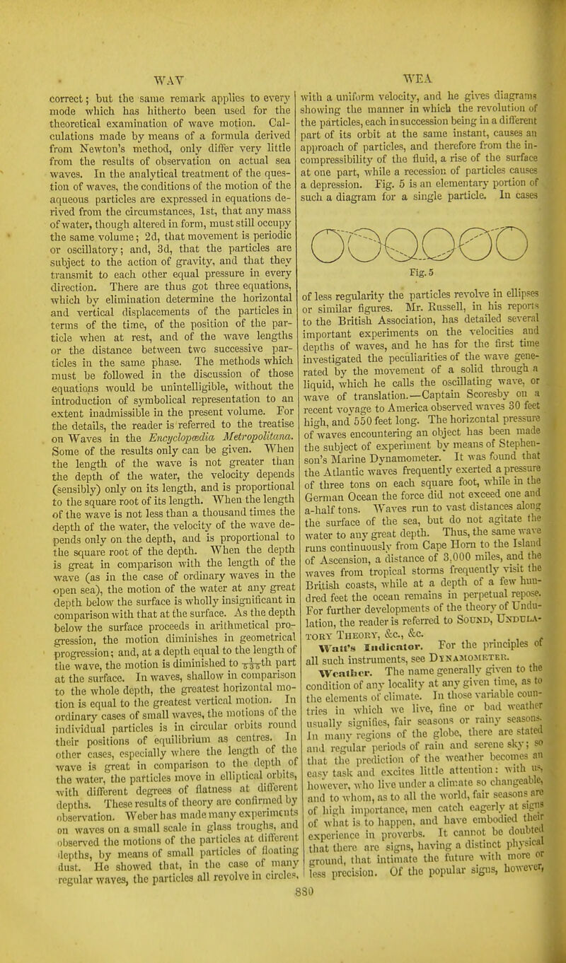 correct; but the same remark applies to every mode ■which has hitherto been used for the theoretical examination of wave motion. Cal- culations made by means of a formula derived from Newton's method, only differ very little from the results of observation on actual sea waves. In the analytical treatment of the ques- tion of waves, the conditions of the motion of the aqueous particles are expressed in equations de- rived from the circumstances, 1st, that any mass of water, though altered in form, must still occupy the same volume; 2d, that movement is periodic or oscillatory; and, 3d, that the particles are subject to the action of gravity, and that they transmit to each other equal pressure in every direction. There are thus got three equations, which by elimination determine the horizontal and vertical displacements of the particles in terms of the time, of the position of the par- ticle when at rest, and of the wave lengths or the distance between two successive par- ticles in the same phase. The methods which must be followed in the discussion of those equations would be unintelligible, without the introduction of symbolical representation to an extent inadmissible in the present volume. For the details, the reader is referred to the treatise on Waves in the Encycloprndia Metropolitaiia. Some of the results only can be given. When the length of the wave is not greater than the depth of the water, the velocity depends (sensibly) only on its length, and is proportional to the square root of its length. When the length of the wave is not less than a thousand times the depth of the water, the velocity of the wave de- pends only on the depth, and is proportional to the sciuare root of the depth. When the depth is great in comparison with the length of the wave (as in the case of ordinary waves in the open sea), the motion of the water at any great depth below the surface is wholly insignificant in comparison with that at the surface. As the depth below the surface proceeds in arithmetical pro- s;ression, the motion diminishes in geometrical progression; and, at a depth equal to the length of the wave, the motion is diminished to -gi^-th part at the surface. In waves, shallow in comparison to the whole depth, the gi-eatest horizontal mo- tion is equal to the greatest vertical motion. In ordinarj' cases of small waves, the motions of the individual particles is in circular orbits round their positions of equilibrium as centres. In other cases, especially where the length of the wave is great in comparison to the depth of the water, the particles move in elliptical orbits, with different degrees of flatness at diO^erent depths. These results of theory are confirmed by observation. Weber has made many experiments on waves on a small scale in glass troughs, and observed the motions of the particles at diflTerent depths, by means of small particles of floating dust. He showed that, in the case of many regular waves, the particles all revolve in circles, with a uniform velocity, and he gi\-es diagrams showing the manner in which the revolution of the particles, each in succession being in a different part of its orbit at the same instant, causes an approach of particles, and therefore from the in- compressibihty of the fluid, a rise of the surface at one part, while a recession of particles causes a depression. Fig. 5 is an elementary portion of such a diagram for a single particle. In cases of less regularity the particles revolve in ellipses or similar figures. Mr. Russell, in his repons to the British Association, has detailed several important experiments on the velocities and depths of waves, and he has for the first time investigated the peculiarities of the wave gene- rated by the movement of a solid through a liquid, which he calls the oscillatmg wave, or wave of translation.—Captain Scoresby on a recent vovage to America observed waves 30 feet high, and' 650 feet long. The horizontal pressure of°waves encountering an object has been made the subject of experiment by means of Stephen- son's Marine Dvnamometer. It was found that the Atlantic waves frequently exerted a pressure of three tons on each square foot, while in the German Ocean the force did not exceed one and a-half tons. Waves run to vast distances alon? the surface of the sea, but do not agitate the water to any gi-eat depth. Thus, the same wave runs continuouslv from Cape Horn to the Island of Ascension, a distance of 3,000 miles, and the waves from tropical storms frequently visit the British coasts, while at a depth of a few hun- dred feet the ocean remains in perpetual repose. For further developments of the theory of Undu- lation, the reader is referred to Sound, Undtil.v- TORY Theory, &c., &c. , . , , Watt's Indicator. For the pnnciples of all such instruments, see Dinamomktkr. Weather. The name generally given to the condition of anv locality at any given time, as to the elements of climate. In those vanable coun- tries in which we live, fine or bad weather usuallv signifies, fair seasons or rainy seasons. In manv regions of the globe, there are stated and regiilar periods of rain and serene sky; so that the prediction of the weather becomes nn easy task and excites little attention: with u^- however, who live under a climate so changeable, and to whom, as to all the world, fair seasons are of high importance, men catch eagerly at sigiis of what is to happen, and have embodied their experience in proverbs. It cannot be doubted that there are signs, having a distinct physical ground, that ultimate the future with more or less precbion. Of tlie popular signs, however, 830