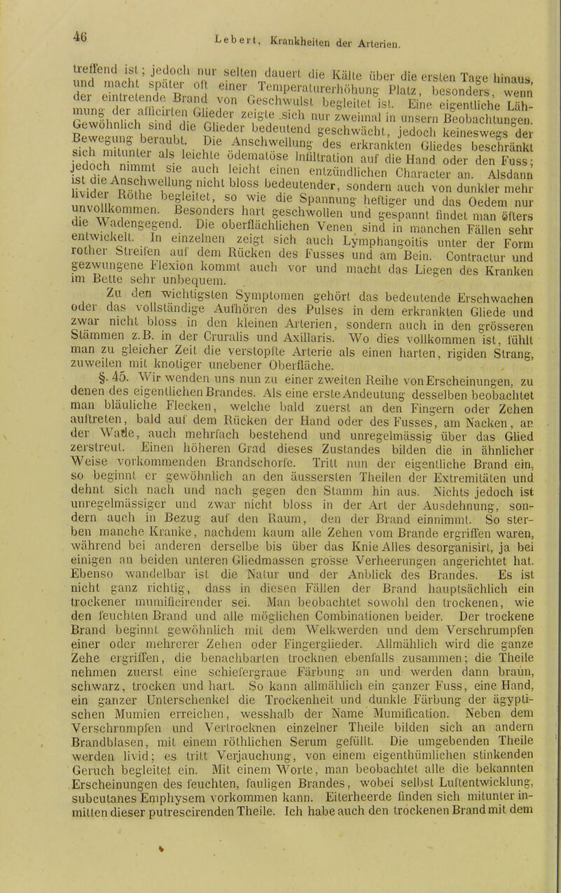 tiefend ist ; jedoch nur selten dauert die Kälte über die ersten Tage hinaus und macht spater oft einer Temperaturerhöhung' Platz besonders wenn ™^?ÄSr? I011 Geschwuist b^thi^iSSEM.TS GewöhSüch sTnd 1 r. < TS f,W *Weimal 'm ünS6rn Pachtungen. Rpwpinni ho ,»ie Siedf btdeu*end geschwächt, jedoch keineswegs der STStt Ä ■ n 6 .rV1SC,lwellu%r des erkrankten Gliedes beschränkt SdlrSl =■ 1Ch G ?deffal0?e 'Titration auf die Hand oder den Fuss; is dioAn.Tln16 auc \ 7h V'f» entzündlichen Character an. Alsdann ul\d«v Ä7tm?.™ht bl0SS bedeutender, sondern auch von dunkler mehr nvnl kn^, be|leilet> 80 w« die Spannung heftiger und das Oedem nur 2 wT ?es?'lderf ^rt geschwollen und gespannt findet man öfters die Wadengegend. Die oberflächlichen Venen sind in manchen Fällen sehr entwickelt. In einzelnen zeigt sich auch Lymphangoitis unter der Form rother Streilen auf dem Rücken des Fusses und am'Bein. Contractur und gezwungene Flexion kommt auch vor und macht das Liegen des Kranken im Bette sehr unbequem. Zu den wichtigsten Symptomen gehört das bedeutende Erschwachen oder das vollständige Aufhören des Pulses in dem erkrankten Gliede und zwar nicht bloss in den kleinen Arterien, sondern auch in den grösseren Stämmen z.B. in der Cruralis und Axillaris. Wo dies vollkommen ist, fühlt man zu gleicher Zeit die verstopfte Arterie als einen harten, rigiden Strang zuweilen mit knotiger unebener Oberfläche. §. 45. Wir wenden uns nun zu einer zweiten Reihe von Erscheinungen, zu denen des eigentlichen Brandes. Als eine erste Andeutung desselben beobachtet man bläuliche Flecken, welche bald zuerst an den Fingern oder Zehen auftreten, bald auf dem Rücken der Hand oder des Fusses, am Nacken, an der Wade, auch mehrfach bestehend und unregelmässig über das Glied zerstreut. Einen höheren Grad dieses Zustandes bilden die in ähnlicher Weise vorkommenden Brandschorfe. Tritt nun der eigentliche Brand ein, so beginnt er gewöhnlich an den äusserslen Theilen der Extremitäten und dehnt sich nach und nach gegen den Stamm hin aus. Nichts jedoch ist unregelmässiger und zwar nicht bloss in der Art der Ausdehnung, son- dern auch in Bezug auf den Raum, den der Brand einnimmt. So ster- ben manche Kranke, nachdem kaum alle Zehen vom Brande ergriffen waren, während bei anderen derselbe bis über das Knie Alles desorganisirt, ja bei einigen an beiden unteren Gliedmassen grosse Verheerungen angerichtet hat. Ebenso wandelbar ist die Natur und der Anblick des Brandes. Es ist nicht ganz richtig, dass in diesen Fällen der Brand hauptsächlich ein trockener mumifleirender sei. Man beobachtet sowohl den trockenen, wie den feuchten Brand und alle möglichen Combinationen beider. Der trockene Brand beginnt gewöhnlich mit dem Welkwerden und dem Verschrumpfen einer oder mehrerer Zehen oder Fingerglieder. Allmählich wird die ganze Zehe ergriffen, die benachbarten trocknen ebenfalls zusammen; die Theile nehmen zuerst eine schiefergraue Färbung an und werden dann braun, schwarz, trocken und hart. So kann allmählich ein ganzer Fuss, eine Hand, ein ganzer Unterschenkel die Trockenheit und dunkle Färbung der ägypti- schen Mumien erreichen, wesshalb der Name Mumification. Neben dem Verschrumpfen und Vertrocknen einzelner Theile bilden sich an andern Brandblasen, mit einem röthlichen Serum gefüllt. Die umgebenden Theile werden livid; es tritt Verjauchung, von einem eigenthümlichen stinkenden Geruch begleitet ein. Mit einem Worte, man beobachtet alle die bekannten Erscheinungen des feuchten, fauligen Brandes, wobei selbst Lul'lentwicklung, subcutanes Emphysem vorkommen kann. Eiterheerde finden sich mitunter in- mitten dieser putrescirenden Theile. Ich habe auch den trockenen Brand mit dem