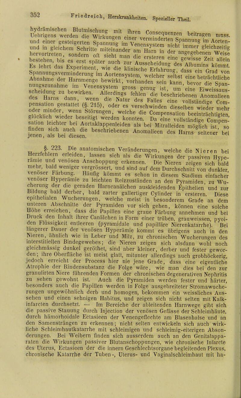 und einer gesteigerten «Ä^ÄÄ? bestehen, bis e^ erst snäLa auch™r Tf e!f Kcwisse Zeil allein Es lehrt das EspSÄte fflÄ^Ät des Harns dann, wenn die Natur des Falles eine v^Ldi^ Com pensauon gestattet (§.215), oder es verschwinden dieselben Ä mehr oder minder, wenn Störungen, welche die Compensation beetaScÄn glücklich wieder beseitigt werden konnten. Da eine vo\\s\£Z?tomX- sat.on leichter bei Aortaklappenleiden als bei Mitralleiden möglich isT? so Ä AA£beschriebenen Anoma,ieen des 5 §. 223. Die anatomischen Veränderungen, welche die Nieren bei Herzfehlern erleiden, lassen sich als die Wirkungen der passiven Hype- rämie und venösen Anschoppung erkennen. Die Nieren zeigen sich bald mehr, bald weniger vergrößert, und sind auf dem Durchschnitt von dunkler venöser Färbung. Häufig kömmt es schon in diesem Stadium einfacher venöser Hyperamie zu leichten Reizzuständen an den Pyramiden, zu Wu- cherung der die geraden Harncanälchen auskleidenden Epithelien und zur Bildung bald derber, bald zarter gallertiger Cylinder in ersteren. Diese epithelialen Wucherungen, welche meist in besonderem Grade an dem unleren Abschnitte der Pyramiden vor sich gehen, können eine solche Hohe erreichen, dass die Papillen eine graue Färbung annehmen und bei Druck den Inhalt ihrer Canälchen in Form einer trüben, grauweissen, pyoi- den Flüssigkeit entleeren (pyramidale und papilläre Nierenkatarrhe). Bei längerer Dauer der venösen Hyperämie kommt es übrigens auch in den Nieren, ähnlich wie in Leber und Milz, zu chronischen Wucherungen des interstitiellen Bindegewebes; die Nieren zeigen sich alsdann wohl noch gleichmässig dunkel gerölhet, sind aber kleiner, derber und fester gewor- den; ihre Oberfläche ist meist glatt, mitunter allerdings auch grobhöckerig, jedoch erreicht der Process hier nie jene Grade, dass eine eigentliche Atrophie der Rindensubstanz die Folge wäre, wie man dies bei den zur granulirten Niere führenden Formen der chronischen degenerativen Nephritis zu sehen gewohnt ist. Auch die Pyramiden werden fester und härter, besonders auch die Papillen werden in Folge ausgebreiteter Slromawuche- rungen ungewöhnlich derb und homogen, bekommen ein weissliches Aus- sehen und einen sehnigen Habitus, und zeigen sich nicht selten mit Kalk- infarclen durchsetzt. — Im Bereiche der ableitenden Harnwege gibt sich die passive Stauung durch Injection der venösen Gefässe der Schleimhäute, durch hämorhoidale Ectasieen der Venengeflechte am Blasenhalse und an den Samensträngen zu erkennen; nicht selten entwickeln sich auch wirk- liche Schleimhaulkatarrhe mit schleimigen und schleimig-eiterigen Abson- derungen. Bei Weibern finden sich ausserdem auch an den Genitalappa- ralen die Wirkungen passiver Blutanschoppungen, wie chronische Inlärcle des Uterus, Ectasieen der die innern Geschlechtsorgane begleitenden Plexus, chronische Katarrhe der Tuben-, Uterus- und Vaginalschleimhaut mit ha-