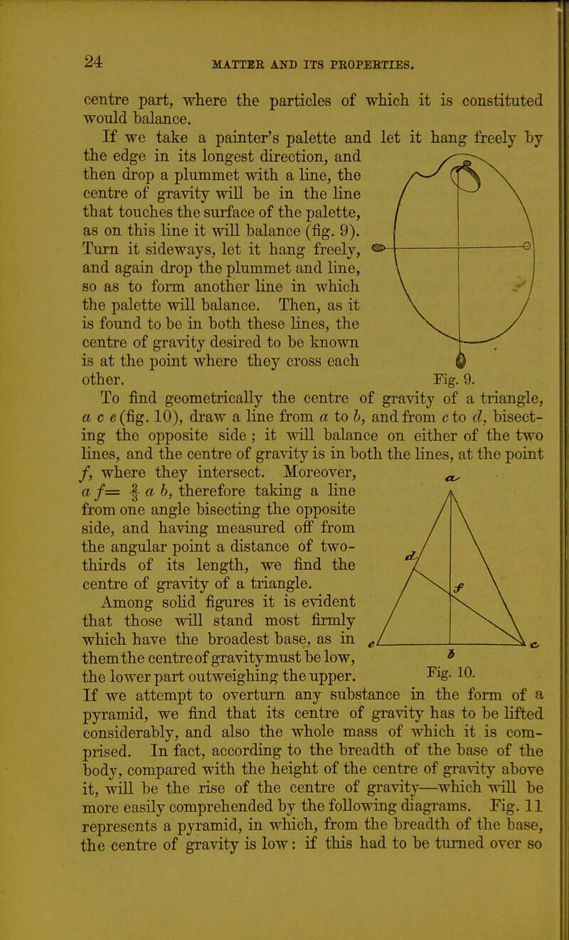 centre part, where the particles of which it is constituted would balance. If we take a painter's palette and let it hang freely by the edge in its longest direction, and then drop a plummet with a line, the centre of gravity wiU be in the line that touches the surface of the palette, as on this line it will balance (fig. 9). Turn it sideways, let it hang freely, ® and again drop the plummet and line, so as to form another line in which the palette will balance. Then, as it is found to be in both these Unes, the centi'e of gravity desired to be known is at the point where they cross each ^ other. Fig. 9. To find geometrically the centre of gravity of a triangle, a c e(fig. 10), di'aw a line from a to b, and from cto d, bisect- ing the opposite side ; it vdll balance on either of the two lines, and the centre of gravity is in both the lines, at the point /, where they intersect. Moreover, a f= I a 6, therefore taking a line from one angle bisecting the opposite side, and having measured off from the angular point a distance of two- thirds of its length, we find the centre of gravity of a triangle. Among soHd figures it is evident that those will stand most firmly which have the broadest base, as in ^ them the centre of gravity must be low, the lower part outweighing the upper. ^ig- 10- If we attempt to overturn any substance in the form of a pyramid, we find that its centre of gravity has to be lifted considerably, and also the whole mass of which it is com- prised. In fact, according to the breadth of the base of the body, compared with the height of the centre of gravity above it, wlU. be the rise of the centre of gravity—^which will be more easily comprehended by the following diagrams. Fig. 11 represents a pyramid, in which, from the breadth of the base, the centre of gravity is low: if this had to be turned over so