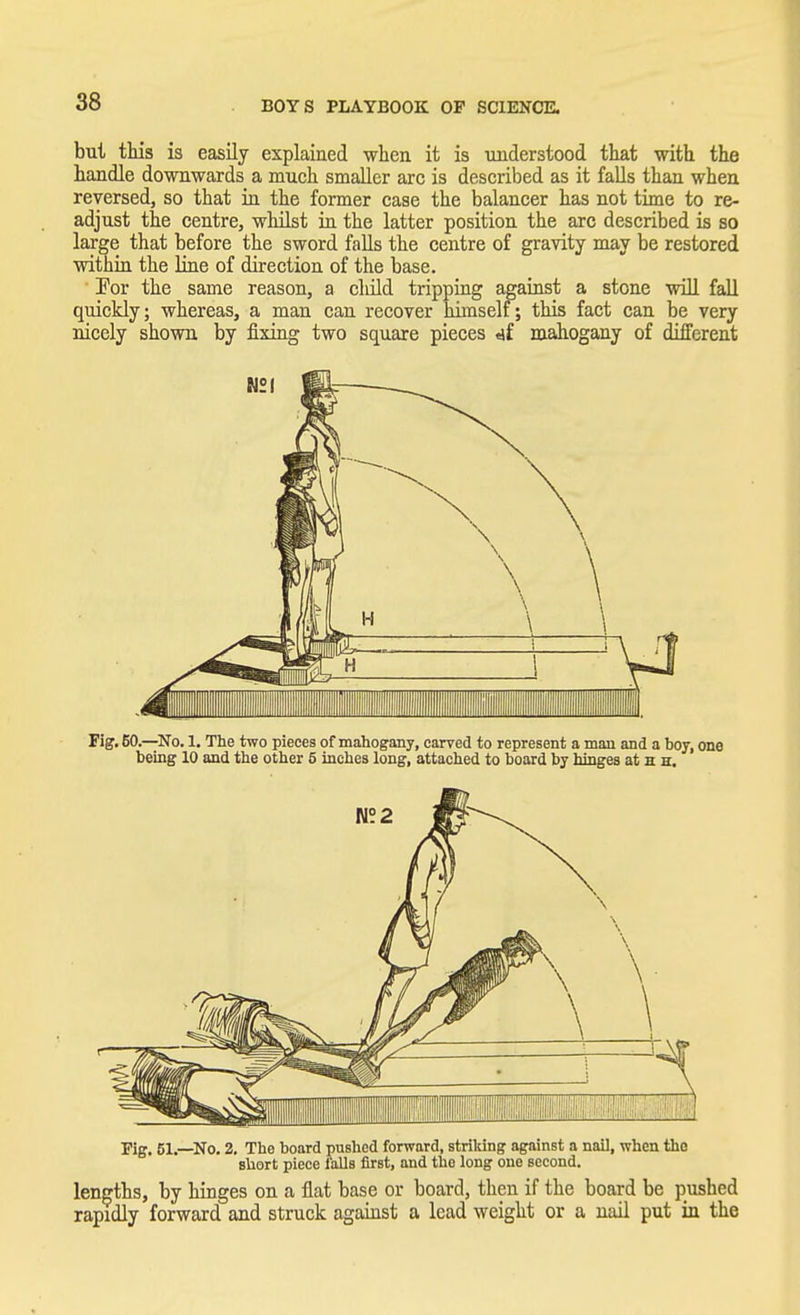 but this is easily explained when, it is understood that with the handle downwards a much smaller arc is described as it falls than when reversed, so that in the former case the balancer has not time to re- adjust the centre, whilst in the latter position the arc described is so large that before the sword falls the centre of gravity may be restored within the line of direction of the base. For the same reason, a cliild tripping against a stone will fall quickly; whereas, a man can recover himself; this fact can be very nicely shown by fixing two square pieces d£ mahogany of different Pig. 51.—No. 2. The board pushed forward, striking against a nail, when the short piece falls first, and the long one second. lengths, by hinges on a flat base or board, then if the board be pushed rapidly forward and struck against a lead weight or a nail put in the