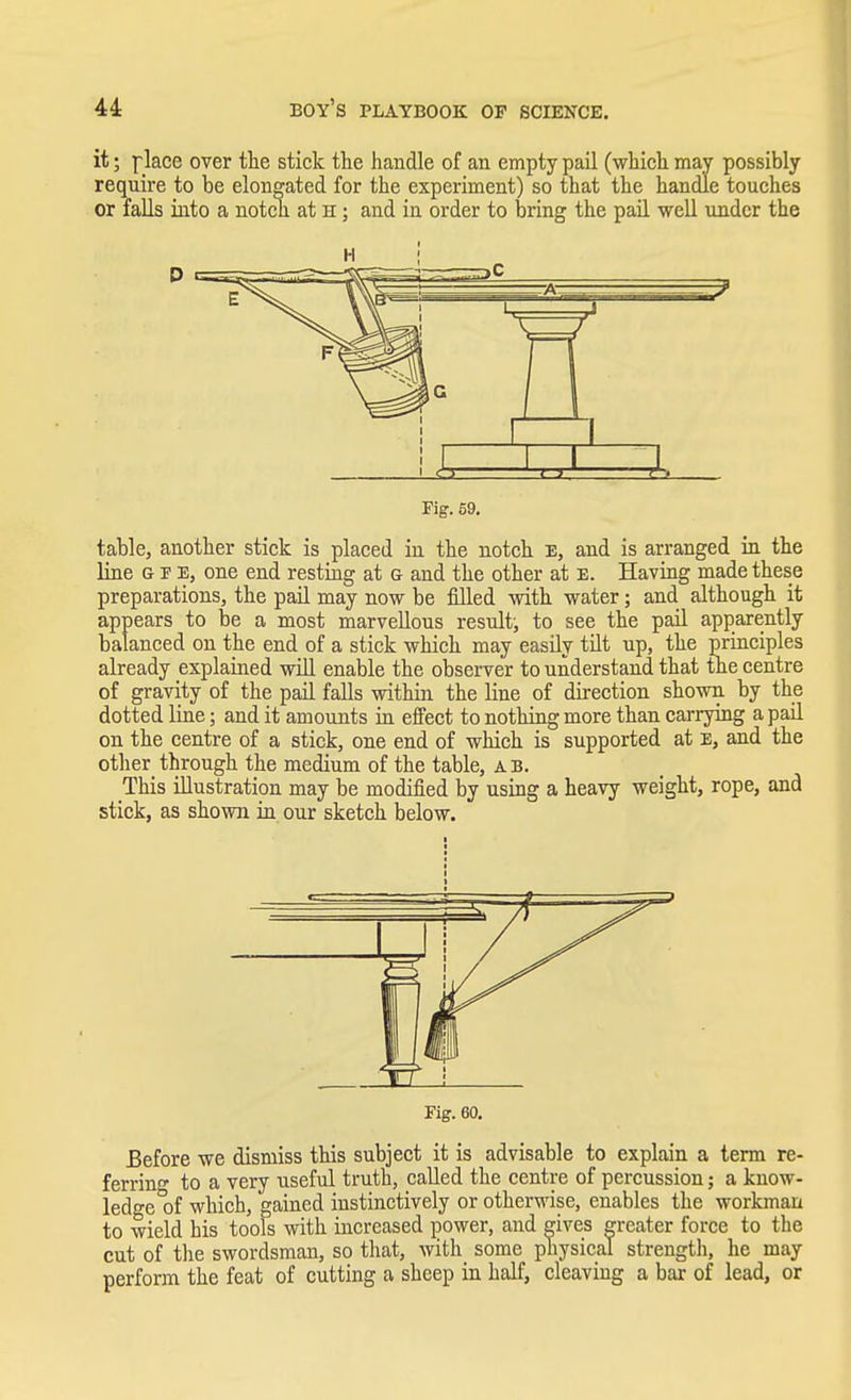 it; place over the stick the handle of an empty pail (which may possibly require to be elongated for the experiment) so that the handle touches or falls into a notch at h ; and in order to bring the pail well under the 0 Fig. 59. table, another stick is placed in the notch e, and is arranged in the line gee, one end resting at g and the other at e. Having made these preparations, the pail may now be filled with water; and although it appears to be a most marvellous result;, to see the pail apparently balanced on the end of a stick which may easily tilt up, the principles already explained will enable the observer to understand that the centre of gravity of the pail falls within the line of direction shown by the dotted line; and it amounts in effect to nothing more than carrying a pail on the centre of a stick, one end of which is supported at e, and the other through the medium of the table, a b. This illustration may be modified by using a heavy weight, rope, and stick, as shown in our sketch below. Fig. 60. Before we dismiss this subject it is advisable to explain a term re- ferrin- to a very useful truth, called the centre of percussion; a know- ledge °of which, gained instinctively or otherwise, enables the workman to wield his tools with increased power, and gives greater force to the cut of the swordsman, so that, with some physical strength, he may perform the feat of cutting a sheep in half, cleaving a bar of lead, or