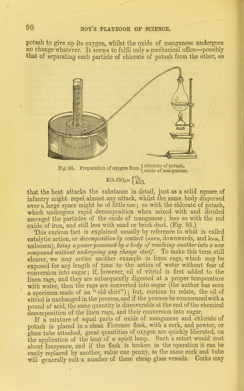 potash to give up its oxygen, whilst the oxide of manganese undergoes no change whatever. It seems to fulfil only a mechanical office—possibly that of separating each particle of chlorate of potash from the other, so that the heat attacks the substance in detail, just as a solid square of infantry might repel almost any attack, whilst the same body dispersed over a large space might be of little use; so with the chlorate of potash, which undergoes rapid decomposition when mixed with and divided amongst the particles of the oxide of manganese; less so with the red oxide of iron, and still less with sand or brick-dust. (Fig. 95.) This curious fact is explained usually by reference to what is called catalytic action, or decomposition by contact (Kara, downwards, and Xvco, I unloosen), being a power possessed by a body of resolving another into a new compound without undergoing any change itself. To make this term still clearer, we may notice another example hi linen rags, which may be exposed for any length of time to the action of water without fear of conversion into sugar; if, however, oil of vitriol is first added to the linen rags, and they are subsequently digested at a proper temperature with water, then the rags are converted into sugar (the author has seen a specimen made of an  old shirt); but, curious to relate, the oil of vitriol is unchanged in the process, and if the process be commenced with a pound of acid, the same quantity is discoverable at the end of the chemical decomposition of the linen rags, and their conversion into sugar. If a mixture of equal parts of oxide of manganese and chlorate of potash is placed in a clean Florence flask, with a cork, and pewter, or glass tube attached, great quantities of oxygen are quickly liberated, on the application of the heat of a spirit lamp. Such a retort would cost about fourpence, and if the flask is broken in the operation it can be easily replaced by another, value one penny, as the same cork and tube will generally suit a number of these cheap glass vessels. Corks may