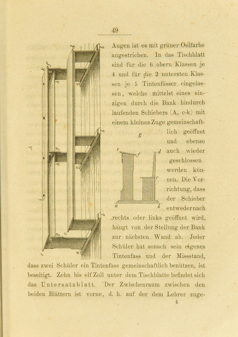 Augen ist es mit griiner Oelfarbe angestrichen. In das Tischblatt sind fur die 6 obern Klassen je 4 und fiii- die 2 untersten Klas- sen je 5 Tintenfiisser eiugeias- sen, welche liiittelst eines ein- zigeu durch die Bank hindurch laufenden Schiebers (A, c-k) mit einem kleinen Znge gemeinschaft- lich geoffnet und ebenso aueh wieder geschlossen werden kbn- nen. Die Vor- richtung, dass del Schieber entwedernach r I _ 6 .rechts oder links geoffnet ward, hangt Ton der Stellung der Bank zur nachsten Wand ab. Jeder Schiller bat sonaeh sein eigenes Tintenfass und der Missstand,' da«8 zwei Schiiler ein Tintenfass gemeinschaftlich beniitzen, ist beseitigt. Zehn bis elfZoll unter deni Tischblatte befiudet sich das Untersatzblatt. 'Der Zwischenraum zwischen deu beiden Blattem ist vorne, d. h. auf der dem Lehrer zuge- 4