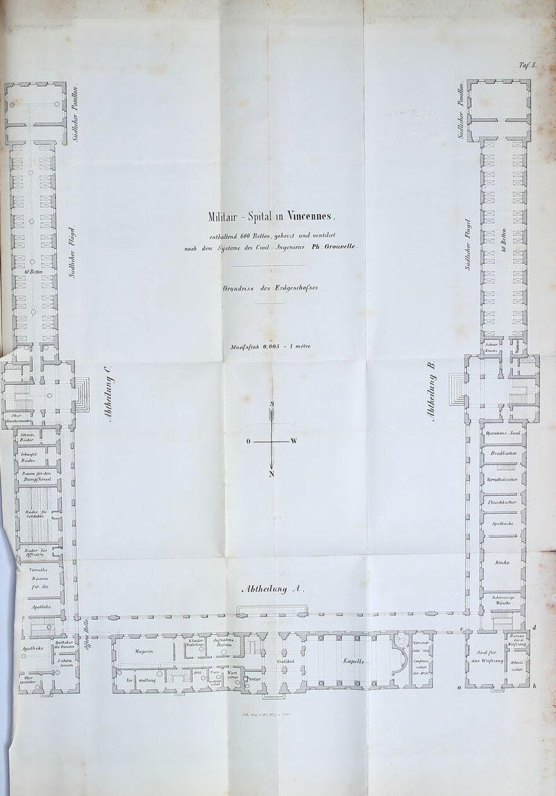 enthaltend 600 Retten, geheizt und ventihrt nach dem Systeme des Cioil - .Ingenieur Pli. Orouoeüe W Bellen Grundriss des 1 meine Operation.•; - Saal. S'dirvtlr. Rüder Brodkamer. Baum flirrten Denupfkeeeel. r> Vorrvthskumer. Flasdikaffi er. Spülküdie, Härter fu Offiziere Küche ibtheiUnuj A Sehmuleige Wäsehe . Apotheke- Aufnahme Jltircau.. \ Kleider. lYiedertarir Apotheker t det Dierttrs I ’oramer .tpathcki jaxirt J.abora . : torium Arbeiti 1 Ober. Jpolhekrr XiA Jna r OC V.-tf » Sehre