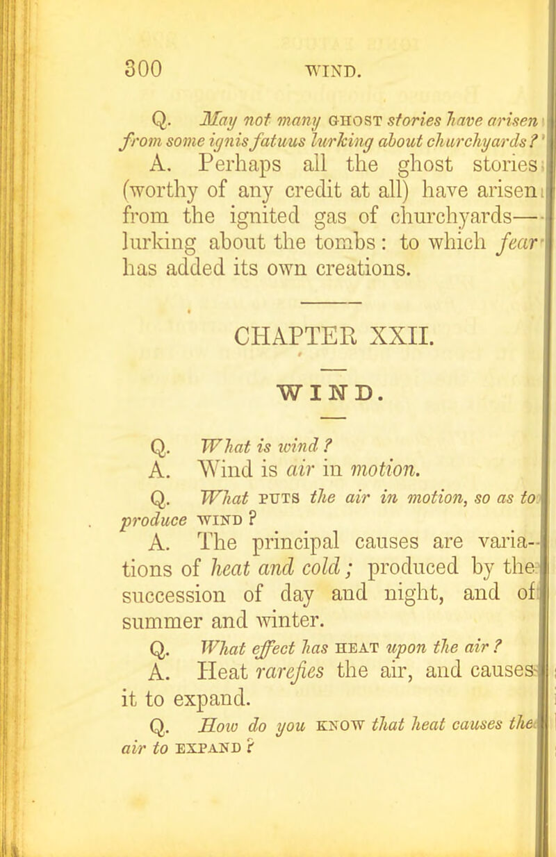 Q. May not mamj ghost stories lime arisenx from some ignisfatuus lurking about chu7-chyards?' A, Perhaps all the ghost storiesi (worthy of any credit at all) have arisen i from the ignited gas of churchyards— lurking about the tombs : to which fear' has added its own creations. CHAPTER XXII. WIND. i Q, What is wind ? i A. Wind is air in motion. Q. What PUTS the air in motion, so as too produce wind ? A. The principal causes are vai'ia- tions of heat and cold; produced by the.: succession of day and night, and of: summer and winter. Q. What effect has heat upon the air ? A. Heat rarefies the air, and causes- it to expand. Q. Hoio do you know that heat causes theM air to EXPAND ? I