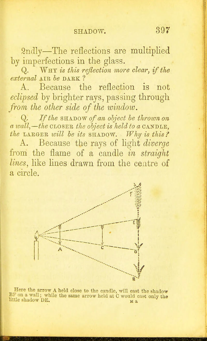 Sndly—The reflections are multiplied by imperfections in the glass. Q. Why is this reflection more clear, if the external aib be daek ? A. Because the reflection is not eclipsed by brighter rays, passing through from the other side of the window. Q. If the SHADOW q/aw. object he thrown on a loall,—the closer the object is held to a candle, the LAEQ-ER loill he its shadow. Why is this? A. Because the rays of light diverge fi'om the flame of a candle in straight lines, like hues drawn from the centre of a circle. Here the arrow A held close to the candle, will cast the shadow BI'' on a wall; while the same arrow held at C would cast only the attle shadow DE. Ma