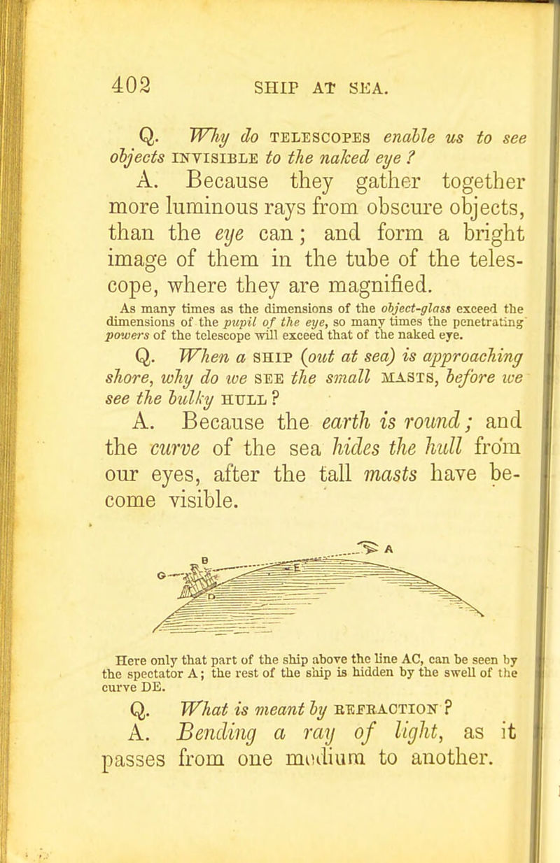Q. Wliy do TELESCOPES enable us to see objects INVISIBLE to the nalced eye ? A. Because they gather together more luminous rays from obscm-e objects, than the eije can; and form a bright image of them in the tube of the teles- cope, where they are magnified. As many times as the dimensions of the object-glass exceed the dimensions of the pupil of the. eye, so many times the penetrating' powers of the telescope will exceed that of the naked eye. Q. When a ship (out at sea) is approaching shore, why do loe see the small masts, before ive see the bulky hull ? A. Because the earth is round; and the curve of the sea hides the hull from our eyes, after the tall masts have be- come visible. Here only that part of the ship above the line AC, can be seen by the spectator A; the rest of the ship is hidden by the swell of the curve DE. Q. What is meant by eeeeaction ? A. Bending a raij of light, as it passes from one miuliura to another.