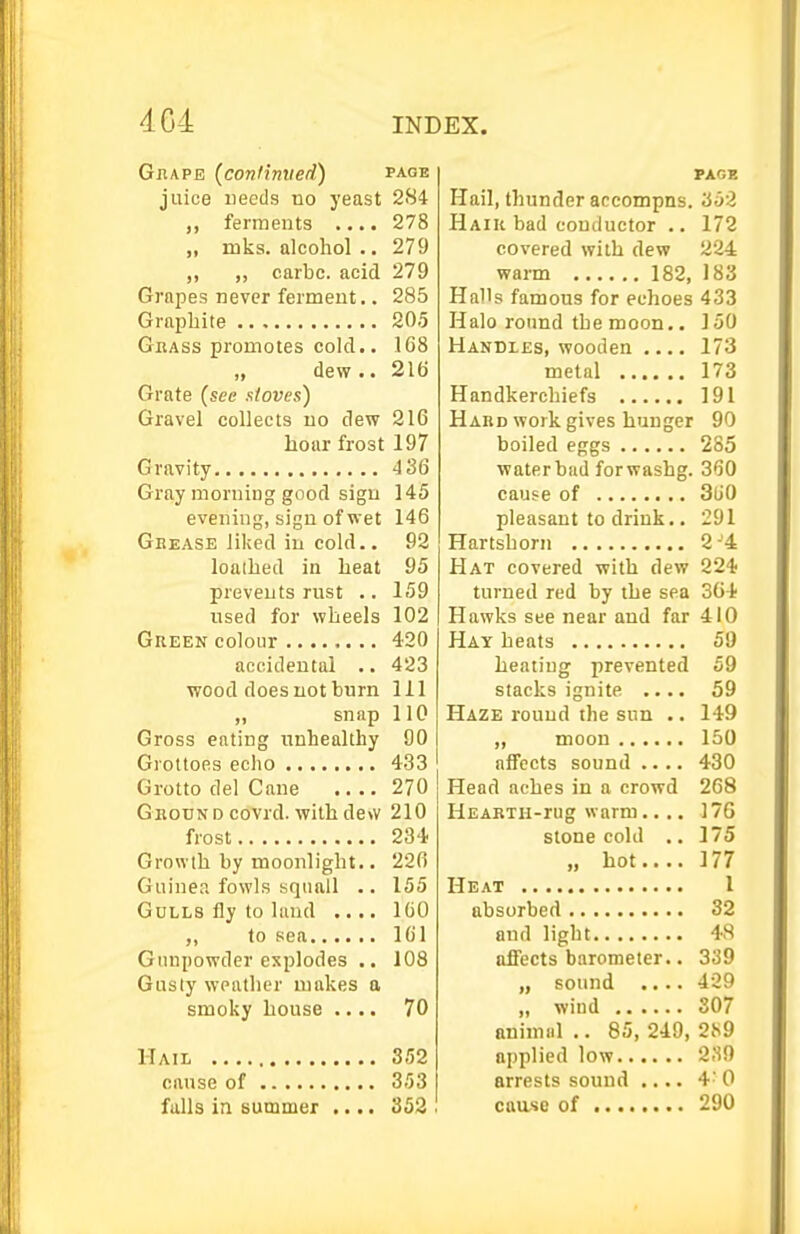 4G4 Gjiape (conlimied) page juice ueeds no yeast 284 ferments .... 278 „ mks. alcohol .. 279 „ „ carbc. acid 279 Grapes never ferment.. 285 Graphite 205 Gjrass promotes cold.. 1G8 dew.. 21d Grate (see stoves) Gravel collects no dew 216 hoar frost 197 Gravity 436 Gray morning good sign 145 evening, sign of wet 146 Geease liked in cold.. 92 loathed in heat 95 prevents rnst .. 159 nsed for wheels 102 Green colour 420 accidental .. 423 wood does not burn 111 „ snap 110 Gross eating unhealthy 90 Grottoes echo 433 Grotto del Cane 270 GKOUNDcovrd. with dew 210 frost 234 Growth by moonlight.. 226 Guinea fowls squall .. 155 Gulls fly to land .... ICQ to sea 161 Gunpowder explodes .. 108 Gusty weather makes a smoky house .... 70 Hail 352 cause of 353 fulls in summer .... 352 PAGE Hail, thunder accompns. 352 Haiu bad conductor .. 172 covered with dew 224 warm 182, 183 Halls famous for echoes 433 Halo round the moon.. 150 Handles, wooden .... 173 metal 173 Handkerchiefs 191 Hard work gives hunger 90 boiled eggs 285 waterbud forwashg. 360 cause of 360 pleasant to drink.. 291 Hartshorn 2-'4 Hat covered with dew 224 turned red by the sea 364 Hawks see near and far 410 Hay heats 59 heating prevented 59 stacks ignite .... 59 Haze round the sun .. 149 moon 150 alTects sound .... 430 Head aches in a crowd 268 liEABTn-rug warm.... 176 stone cold .. 175 „ hot.... 177 Heat 1 absorbed 32 and light 4S affects barometer.. 339 „ sound .... 429 „ wind 307 animiil .. 85, 249, 2S9 applied low 239 arrests sound .... 4' 0 caasc of 290