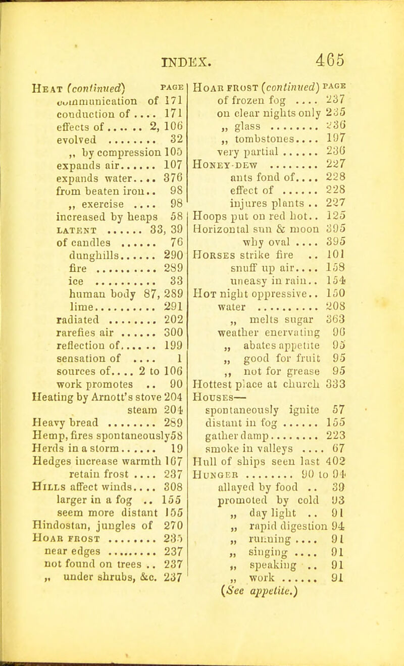 Heat (continued) page uciiimunication of 171 couduction of .... 171 efiFects of 2, 106 evolved 32 ,, by compression 105 expands air 107 expands water.... 376 from beaten iron.. 98 ,, exercise .... 98 increased by heaps 58 LATENT 33, 39 of candles 7G dunghills 290 fire 289 ice 33 human body 87, 289 lime 291 radiated 202 rarefies air 300 reflection of 199 sensation of .... 1 sources of,... 2 to 106 work promotes ., 90 Heating by Arnott's stove 204 steam 201; Heavy bread 289 Henap, fires spontaneously58 Herds in a storm 19 Hedges increase warmth 107 retain frost .... 237 Hills affect winds.... 308 larger in a fog .. 155 seem more distant 155 Hindostan, jungles of 270 Hoar mosT 23t near edges 237 not found on trees ,. 237 „ under shrubs, &c. 237 Hoar frost (continued) page of frozen fog — . 237 on clear nights only 235 glass ^'36 ,, tombstones.... 197 very fiartial 236 HONEYDEW 227 ants fond of.... 228 effect of 228 injures plants .. 227 Hoops put on red hot.. 125 Horizontal sun & moon 395 why oval .... 395 Horses strike fire .. 101 snuff up air.... 153 uneasy in rain.. 154! Hot night oppressive.. 150 water 208 „ melts sugar 363 weather enervating 90 „ abates appetite 95 „ good for fruit 95 not for grease 95 Hottest place at church 333 Houses— spontaneously ignite 57 distant in fog 155 gather damp 223 smoke in valleys .... 67 Hull of ships seen last 402 Hunger 90 to 94' allayed by food .. 39 promoted by cold 93 „ daylight .. 91 „ rapid digestion 94 „ running .... 91 „ singing 91 „ speaking .. 91 „ work 91 {See ajppeliie.)
