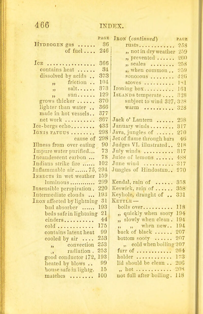 Hydeogen gns .. of fuel PAGE 36 246 Ice 366 contains lieat 34 dissolved by acids .. 373 „ friction .. 104 „ salt 373 sun 129 grows thicker 370 lighter than water .. 366 made in hot vessels.. 377 net work 367 Ice-bergs echo 433 Ignis tatdus 298 cause of 298 j Illness from over eating 90 I Impure water purified... 73 Incandescent carbon ... 78 Indians strike Are 102 Inflammable air 75, 294 | Iksects in wet weather 159 j luminous 299 Insensible perspiration. 220 Intermediate clouds ... 193 IiiON affected by lightning 31 bad absorber 193 beds safeinlightning 21 cinders 44 cold 175 contains latent heat 99 cooled by air .... 253 „ convection 253 radiation . 253 good conductor 172, 193 heated by blows .. 99 house safe in lightg. 15 matches 100 Ieon (conlinued) page rusts 258 „ not in dry weather InQ „ prevented 260 „ scales 258 „ when common ., 25!) ponoious 426 stoves l-^l Ironing box 161 Islands temperate 328 subject to wind 327, 328 warm 328 Jack o' Lantern 298 January winds 317 Java, jungles of 270 Jet of flame tlirou^h bars 46 Judges VI. illustrated.. 21S July winds 317 Juice of lemons 4S8 June wind 317 Jungles of Hindostau.. 970 Kendal, rain of 358 Keswick, rain of 358 Keyhole, draught of ., 331 Kettle — boils over 118 „ quickly when sooty 194 „ slowly when clean . 194 ,, ,, wlipn new.. 194 back of black 207 bottom pooty 207 „ cold when boiling 207 furr of 264 holder 173 lid should be clean .. 21)6 „ hot 2ns not full after boiliug. 118