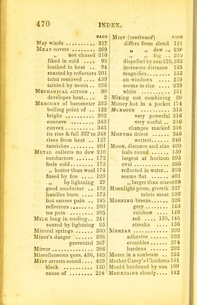 TAOS May winds 317 Meat covers 209 „ not chased 210 liked in cold .... 93 loathed in heat .. 94 roasted by reflectors 201 taint removed .... 439 tainted by moon .. 226 Mechanical ACTION .. 98 developes heat.... 2 Mercury of barometer 335 boiling point of .. 122 bright 262 concave 343 convex 343 its rise & fall 337 to 348 rises from heat .. 127 tarnishes 261 Metal collects no dew 216 conductors 172 feels cold 175 „ hotter than wool 174 fused by fire .... 129 „ by lightning 27 good conductor .. 172 handles burn .... 173 hot causes pain .. 185 reflectors 200 tea pots 205 Milk long in cooling.. 241 soured by lightning 25 Mineral springs 360 Miner's danger 296 prevented 267 Mirror 386 Miscellaneous ques. 436, 1-43 Mist arrests sound.... 429 black 150 cause of 228 Mist (continued) pagb difiFers from cloud 13 J „ „ dew .. 22y fog .. 2-J.'j dispelled by sun 229,233 increases distance 155 magnifies 155 on windows .... 219 seems to rise .... 229 white 151 Mixing not combining 26 Money hot in a pocket 174 M-LNSOON 315 very powerful 316 very useful ., 316 changes marked 316 Months driest 346 wettest 346 Moon, distance and size 400 halo round 150 largest at horizon 395 oval 395 reflected in water.. 393 seems flat 401 ,, larger than stars400 Moonlight prom, growth 227 taints meat 225 Morning breeze 326 grey 146 rainbow .... 146 red .... 135, 145 streaks .... 136 MOBTAB 292 adhesive 292 crumbles 374 hardens 292 Motes in a sunbeam .. 255 Mother Carey's Chickens 161 Mould hardened by sun 169 Mountains cloudy.... 142