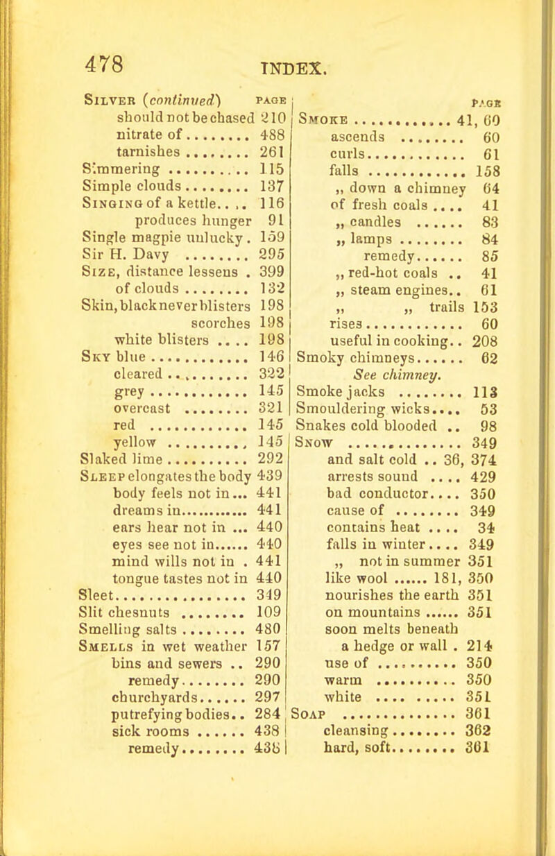 Silver {continued) paoe should not be chased 210 nitrate of 488 tarnishes 261 Simmering 115 Simple clouds 137 Singing of a kettle.. .. 116 produces hunger 91 Single magpie uulucky . 159 Sir H. Davy 295 Size, distance lessens . 399 of clouds 132 Skin,blackneverblisters 198 scorches 198 white blisters .... 198 Sky blue 146 cleared 322 giey 145 overcast 321 red 145 yellow 145 Slaked lime 292 Sleep elongates the body 439 body feels not in... 441 dreams in 441 ears hear not in ... 440 eyes see not in 440 mind wills not in . 441 tongue tastes not in 440 Sleet 349 Slit chesnuts 109 Smelling salts 480 Smells in wet weather 157 bins and sewers .. 290 remedy 290 churchyards 297 putrefying bodies.. 284 | sick rooms 438 I remedy 43(31 Smoke 41, (JO ascends 60 curls 61 falls 158 „ down a chimney C4 of fresh coals .... 41 „ candles 83 „ lamps 84 remedy 85 „ red-hot coals .. 41 „ steam engines,. 61 „ „ trails 153 rises 60 useful in cooking.. 208 Smoky chimneys 62 See chimney. Smoke jacks 113 Smouldering wicks.... 53 Snakes cold blooded .. 98 Snow 349 and salt cold .. 36, 374 arrests sound .... 429 bad conductor.... 350 cause of 349 contains heat .... 34 falls in winter.... 349 „ not in summer 351 like wool 181, 350 nourishes the earth 351 on mountains 351 soon melts beneath a hedge or wall . 214 use of 350 warm 350 white 351 Soap 361 cleansing 362 hard, soft 301