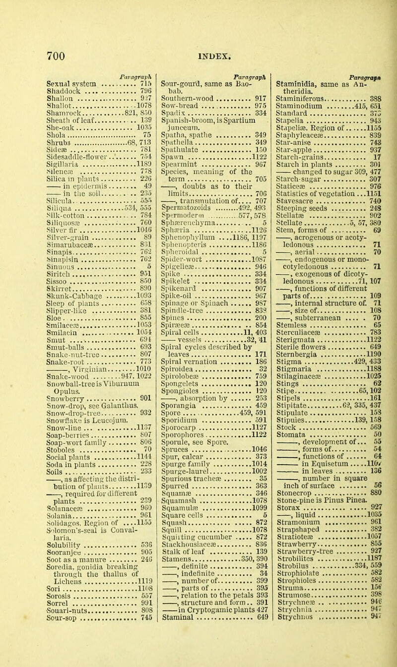 Paragraph Sexual system 71ft Shaddock 796 Shallon 917 Shallot 1078 Shamrock 821, 850 Sheath of leaf 139 She-oak 1035 Shola 75 Shrubs 68, 713 Sideae 781 Sidesaddle-flower..' 751 Sigillaria 1189 sileneie 7S Silica in plants 226 in epidermis 40 in the soil 235 Silicula. 555 Snai 534, 555 Silk-cotton 7S4 Siliquosae 7G0 Silver fir 1046 Silver-grain 89 Simarubaceae 831 Sinapis 762 Sinapisin 702 Sinuous 5 Siritch 951 Sissoo 850 Skirret 890 Skunk-Cabbage 1093 Sleep of plants 658 Slipper-like 3S1 Sloe S55 Smilaeeae 1053 Smilacin 1054 Smut 694 Smut-balls 693 Snake-nut-tree 807 Snake-root 773 , Virginian 1010 Snake-wood 947,1022 Snowball-treeis Viburnum Opulus. Snowberry 901 Snow-drop, see Galantlius. Snow-drop-tree 932 Snowflake is Leucojum. Snow-line 1137 Soap-berries 807 Soap-wort family 806 Stoboles 70 Social plants 1141 Soda in plants 228 Soils 233 , as affecting the distri- bution of plants 1139 , required for different plants 239 Solunaeeae 960 Solania 961 Solidagos, Region of ....1155 Slomon's-seal is Conval- laria. Solubility 536 Sooranjee 905 Soot as a manure 246 Soredia, gonidia breaking through the thallus of Lichens 1119 Sori 1108 Sorosis 557 Sorrel 991 Souari-nuts 808 Sour-sop 745 Paragraph Sour-gourd, same as Bao- bab. Southern-ivood 917 Sow-bread 975 Spadix 334 Spanish-broom, is Spartium juneeum. Spatha, spathe 349 Spatheila Spathulate 150 Spawn Spearmint 967 Species, meaning of the term , doubts as to i their limits 706 , transmutation of.... 707 Spermatozoids ....492, 493 Spermoderm ... 577, 578 Sphserenchyma.... Sphaeria 1126 Sphcnophyllum ... .1186, 1197 Splienopteris 1186 Spheroidal Spider-wort Spigelieae Spike Spikelet Spikenard Spike-oil 967 Spinage or Spinach Spindle-tree Spines Spiraeere Spiral cells ....11, 403 vessels 32, 41 Spiral cycles described by leaves Spiral vernation .... Spiroidea Spirolobese Spongelets Spongioles , absorption by ., 253 Sporangia 459 Sporidium Sporocarp Sporophores 1122 Sporule, see Spore. Spruces Spur, calcar 373 Spurge family 1014 Spurge-laurel 1002 Spurious tracheae ... Spurred Squamae 346 Squamasli Squamuke 1099 Square cells Squash 872 Squill 1078 Squiiting cucumber 872 Stackhousiacese Stalk of leaf 139 Stamens , definite , indefinite 34 , number of 399 , parts of 395 , relation to the petals 393 , structure and form.. 391 in Cryptogamic plants 427 Staminal Paragraph Staminidia, same as An- theridia. Staminiferous 388 Staminodium 415, 651 Standard 373 Stapelia 943 Stapeliie. Region of 1155 Staphyleace* 839 Star-anise 743 Star-apple 937 Starch-grains 17 Starch in plants 301 changed to sugar 309, 477 Starch-sugar 307 Statieeoe 976 Statistics of vegetation .. .1151 Stavesacre 740 Steeping seeds 248 Stellate 902 Stellate 5, 57, 380 Stem, forms of 69 , aerogenous or acoty- ledonous 71 , aerial 70 , endogenous or mono- cotyledonous 71 • , exogenous of dicoty- ledonous 71,107 , functions of different parts of 109 , internal structure of. 71 , size of 108 , subterranean 70 Stemless 65 Sterculiaceae 783 Sterigmata 1122 Sterile florvers 649 Sternbergia 1190 Stigma 429, 433 Stigmaria 11S8 Stilaginaeeae 1025 Stings 62 Stipe 65,102 Stipels 161 Stipitate 62, 335, 437 Stipulate 158 Stipules 139,158 Stock 569 Stomata 50 , development of... 55 , forms of 54 , functions of 64 in Equisetum 110/ in leaves 136 , number in square inch of surface 56 Stonecrop 8S0 Stone-pine is Pinus Pinea. Storax 927 , liquid 1035 Stramonium 961 Strapshaped 382 Stratioteae 1057 Strawberry 855 Strawberry-tree 927 Strobilites 1187 Strobilus 334, 559 Strophiolate 582 Strophioles 582 Struma 156 Strumose 398 Stryclineae 946 Strychnia 947 Stryclmus 94V