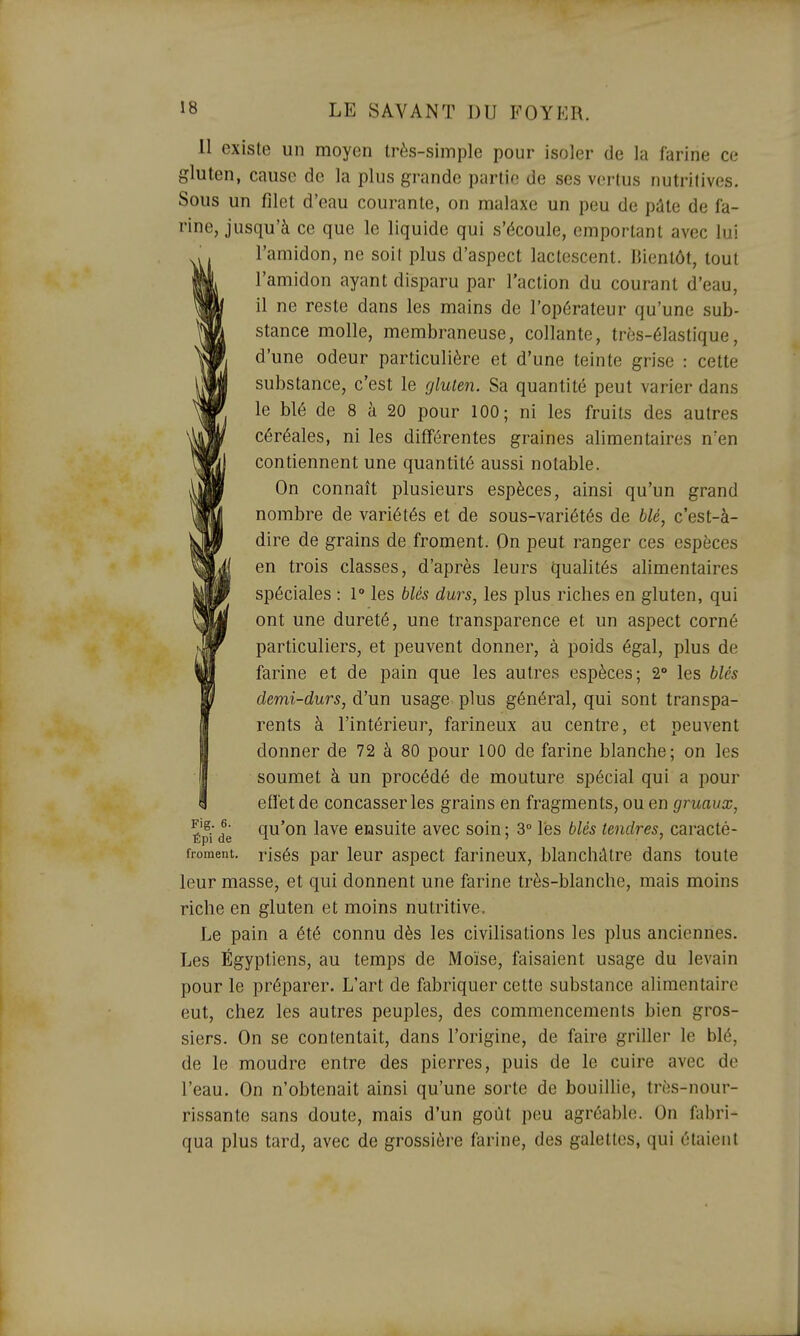 11 existe un moyen très-simple pour isoler de la farine ce gluten, cause de la plus grande partie de ses vertus nutritives. Sous un filet d'eau courante, on malaxe un peu de pâte de fa- rine, jusqu'à ce que le liquide qui s'écoule, emportant avec lui l'amidon, ne soil plus d'aspect lactescent. Bientôt, tout l'amidon ayant disparu par l'action du courant d'eau, il ne reste dans les mains de l'opérateur qu'une sub- stance molle, membraneuse, collante, très-élastique, d'une odeur particulière et d'une teinte grise : cette substance, c'est le gluten. Sa quantité peut varier dans le blé de 8 à 20 pour 100; ni les fruits des autres céréales, ni les différentes graines alimentaires n'en contiennent une quantité aussi notable. On connaît plusieurs espèces, ainsi qu'un grand nombre de variétés et de sous-variétés de blé, c'est-à- dire de grains de froment. On peut ranger ces espèces en trois classes, d'après leurs qualités alimentaires spéciales : 1 les blés durs, les plus riches en gluten, qui ont une dureté, une transparence et un aspect corné particuliers, et peuvent donner, à poids égal, plus de farine et de pain que les autres espèces; 2° les blés demi-durs, d'un usage plus général, qui sont transpa- rents à l'intérieur, farineux au centre, et peuvent donner de 72 à 80 pour 100 de farine blanche; on les soumet à un procédé de mouture spécial qui a pour effet de concasser les grains en fragments, ou en gruaux, Épi de qu'on lave ensuite avec soin ; 3° lés blés tendres, caracté- froment, risés par leur aspect farineux, blanchâtre dans toute leur masse, et qui donnent une farine très-blanche, mais moins riche en gluten et moins nutritive. Le pain a été connu dès les civilisations les plus anciennes. Les Égyptiens, au temps de Moïse, faisaient usage du levain pour le préparer. L'art de fabriquer cette substance alimentaire eut, chez les autres peuples, des commencements bien gros- siers. On se contentait, dans l'origine, de faire griller le blé, de le moudre entre des pierres, puis de le cuire avec de l'eau. On n'obtenait ainsi qu'une sorte de bouillie, très-nour- rissante sans doute, mais d'un goût peu agréable. On fabri- qua plus tard, avec de grossière farine, des galettes, qui étaient