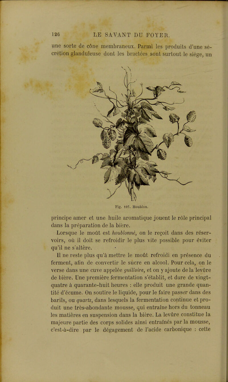 une sorte de cône membraneux. Parmi les produits d'une sé- crétion glanduleuse dont les bractées sont surtout le siège, un Fig. 107. Houblon. principe amer et une huile aromatique jouent le rôle principal dans la préparation de la bière. Lorsque le moût est houblonné, on le reçoit dans des réser- voirs, où il doit se refroidir le plus vite possible pour éviter qu'il ne s'altère. Il ne reste plus qu'à mettre le moût refroidi en présence du ferment, afin de convertir le sucre en alcool. Pour cela, on le verse dans une cuve appelée guilloire, et on y ajoute de la levûre de bière. Une première fermentation s'établit, et dure de vingt- quatre à quarante-huit heures : elle produit une grande quan- tité d'écume. On soutire le liquide, pour le faire passer dans des barils, ou quarts, dans lesquels la fermentation continue et pro- duit une très-abondante mousse, qui entraîne hors du tonneau les matières en suspension dans la bière. La levûre constitue la majeure partie des corps solides ainsi entraînés par la mousse, c'est-à-dire par le dégagement de l'acide carbonique : cette