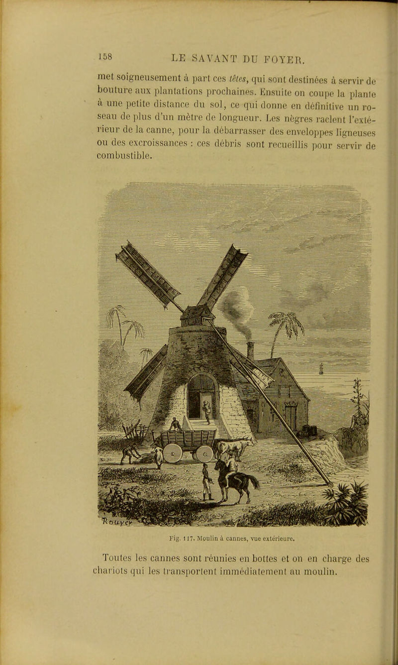 met soigneusement à part ces têtes, qui sont destinées à servir de bouture aux plantations prochaines. Ensuite on coupe la planle à une petite distance du sol, ce qui donne en définitive un ro- seau de plus d'un mètre de longueur. Les nègres raclent l'exté- rieur de la canne, pour la débarrasser des enveloppes ligneuses ou des excroissances : ces débris sont recueillis pour servii- de combustible. Fig. i 17. Moulin à cannes, vue extérieure. Toutes les cannes sont réunies en bottes et on en charge des chariots qui les ti'ansporlent immédiatement au moulin.