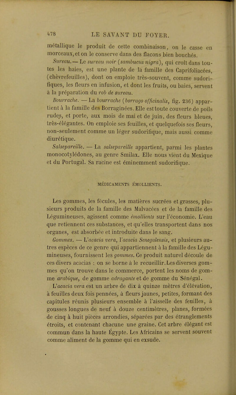 métallique le produit de cette combinaison, on le casse en morceaux, et on le conserve dans des flacons bien bouchés. Sureau.— Le sureau noir (sambucus nigra), qui croît dans tou- tes les haies, est une plante de la famille des Caprifoliacées, (chèvrefeuilles), dont on emploie très-souvent, comme sadori- fiques, les fleurs en infusion, et dont les fruits, ou baies, servent à la préparation du rob de sureau. Bourrache. —La bourrache {borrago officinalis, fig. 236) appar- tient à la famille des Borraginées. Elle est toute couverte de poils rudes, et porte, aux mois de mai et de juin, des fleurs bleues, très-élégantes. On emploie ses feuilles, et quelquefois ses fleurs, non-seulement comme un léger sudorifique, mais aussi, comme diurétique. Salsepareille. — La salsepareille appartient, parmi les plantes monocotylédones, au genre Smilax. Elle nous vient du Mexique et du Portugal. Sa racine est éminemment sudorifique. MÉDICAMENTS ÉMOLLIENTS. Les gommes, les fécules, les matières sucrées et grasses, plu- sieurs produits de la famille des Malvacées et de la famille des Légumineuses, agissent comme èmoUienls sur l'économie. L'eau que retiennent ces substances, et qu'elles transportent dans nos organes, est absorbée et introduite dans le sang. Gommes. — L'acacia vera, Vacacia Senegalensis, et plusieurs au- tres espèces de ce genre qui appartiennent à la famille des Légu- mineuses, fournissent les gommes. Ce produit naturel découle de ces divers acacias : on se borne à le recueillir. Les diverses gom- mes qu'on trouve dans le commerce, portent les noms de gom- me arabique, de gomme aclrayante et de gomme du Sénégal. L'acacia vera est un arbre de dix à quinze mètres d'élévation, à feuilles deux fois pennées, à fleurs jaunes, petites, formant des capitules réunis plusieurs ensemble à l'aisselle des feuilles, à gousses longues de neuf à douze centimètres, planes, formées de cinq à huit pièces arrondies, séparées par des étranglements étroits, et contenant chacune une graine. Cet arbre élégant est commun dans la haute Egypte. Les Africains se servent souvent comme aliment de la gomme qui en exsude.