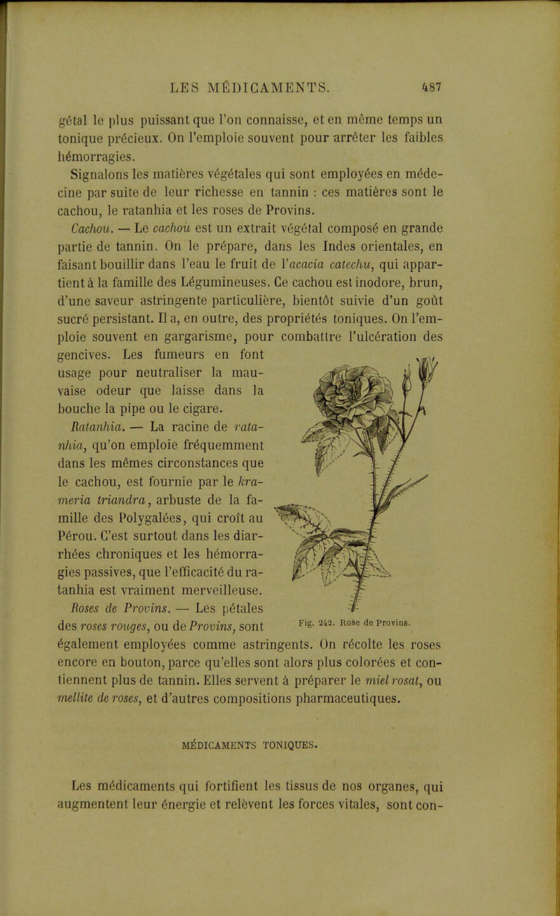 gétal le plus puissant que l'on connaisse, et en même temps un tonique précieux. On l'emploie souvent pour arrêter les faibles hémorragies. Signalons les matières végétales qui sont employées en méde- cine par suite de leur richesse en tannin : ces matières sont le cachou, le ratanhia et les roses de Provins. Cachou. — Le cachou est un extrait végétal composé en grande partie de tannin. On le prépare, dans les Indes orientales, en faisant bouillir dans l'eau le fruit de l'acacia catcchu, qui appar- tient à la famille des Légumineuses. Ce cachou est inodore, brun, d'une saveur astringente particulière, bientôt suivie d'un goût sucré persistant. Il a, en outre, des propriétés toniques. On l'em- ploie souvent en gargarisme, pour combattre l'ulcération des gencives. Les fumeurs en font usage pour neutraliser la mau- vaise odeur que laisse dans la bouche la pipe ou le cigare. Ratanhia. — La racine de fata- nhia, qu'on emploie fréquemment dans les mêmes circonstances que le cachou, est fournie par le kra- meria triandra, arbuste de la fa- mille des Polygalées, qui croît au Pérou. C'est surtout dans les diar- rhées chroniques et les hémorra- gies passives, que l'efficacité du ra- tanhia est vraiment merveilleuse. Roses de Provins. — Les pétales des roses rouges, ou de Provins, sont également employées comme astringents. On récolte les roses encore en bouton, parce qu'elles sont alors plus colorées et con- tiennent plus de tannin. Elles servent à préparer le mielrosat, ou mellile de roses, et d'autres compositions pharmaceutiques. MÉDICAMENTS TONIQUES. Fig. 242. Rose de Provins. Les médicaments qui fortifient les tissus de nos organes, qui augmentent leur énergie et relèvent les forces vitales, sont con-